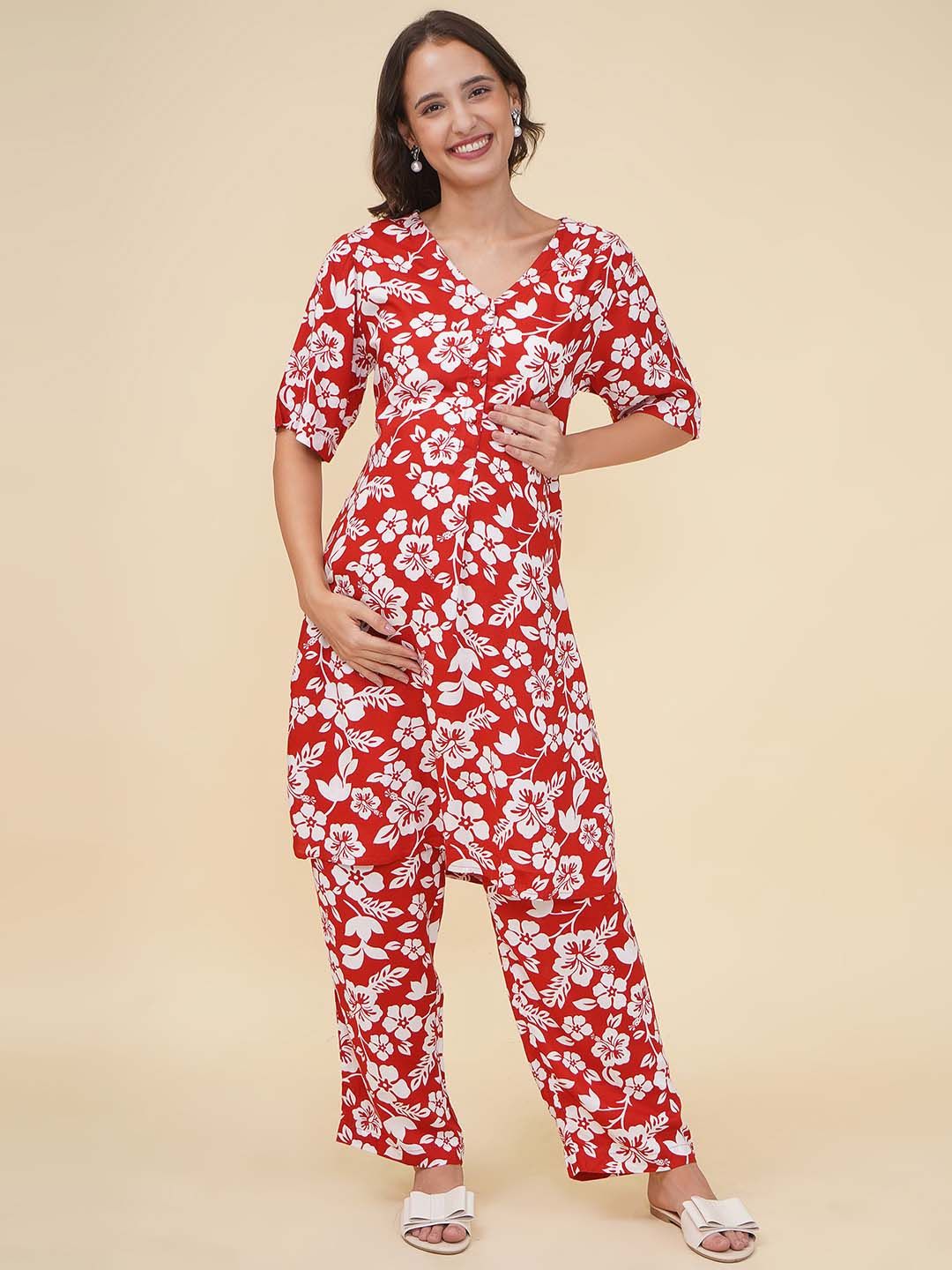 Mine4Nine Maternity Floral Printed V-Neck Straight Kurta With Harem Pants