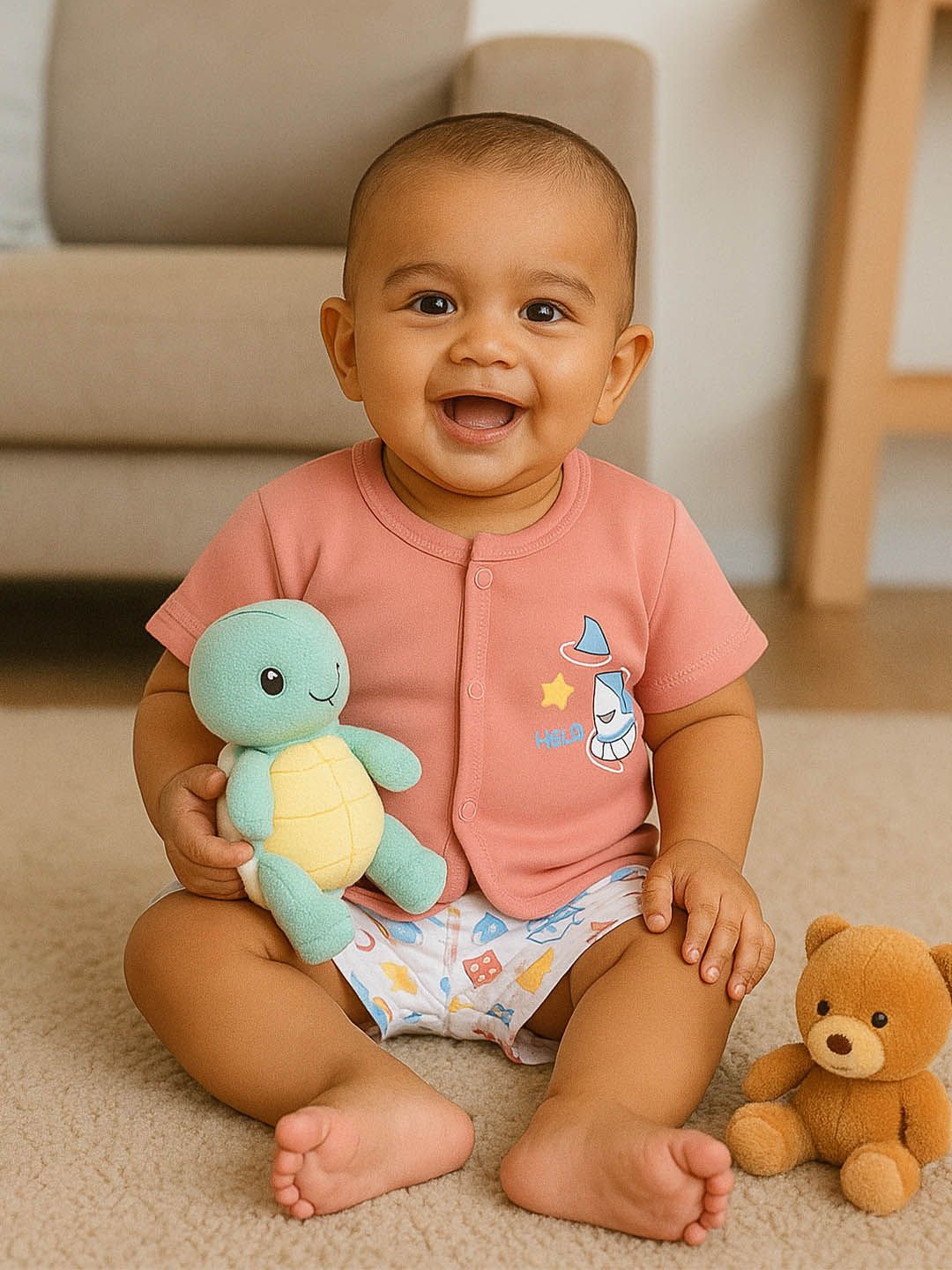 MeeMee Kids Rust Printed Short Sleeves Pure Cotton Shirt With Shorts Clothing Set
