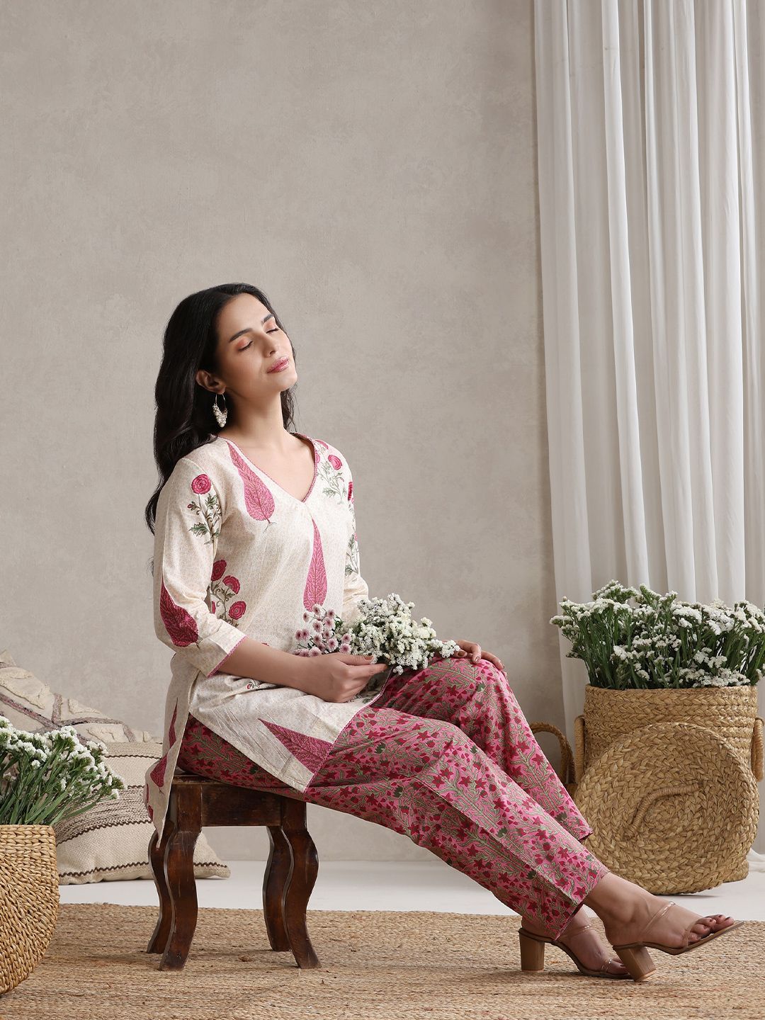 Khushal K Floral Printed Cotton V-Neck Tunic With Trouser Co-Ords