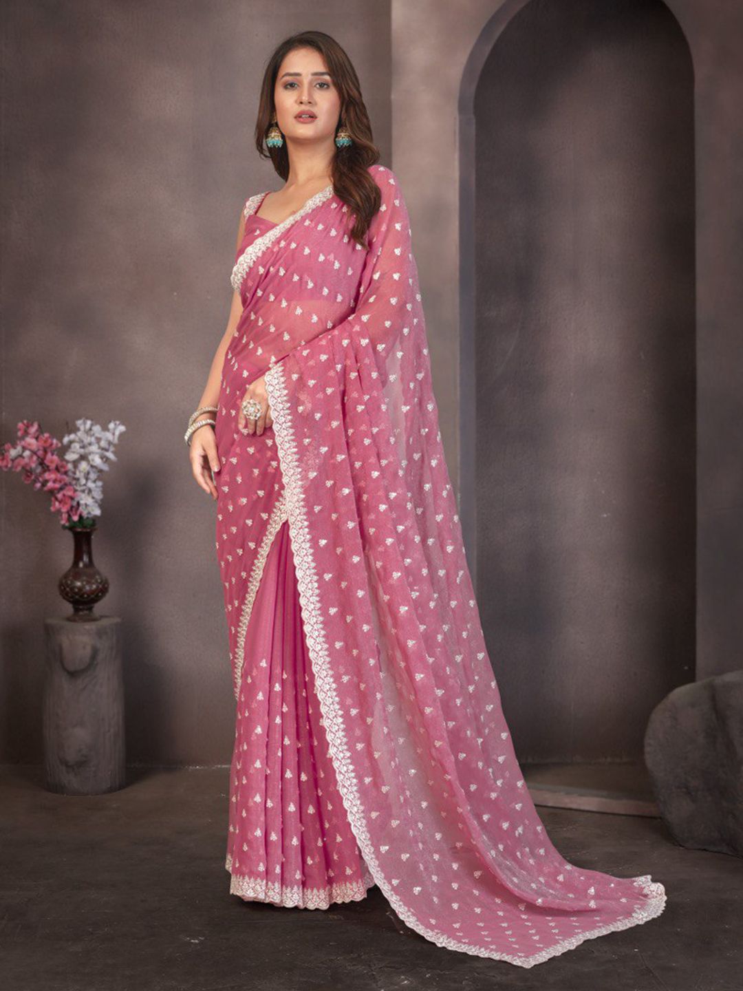 Branzios Floral Embroidered Silk Blend Saree