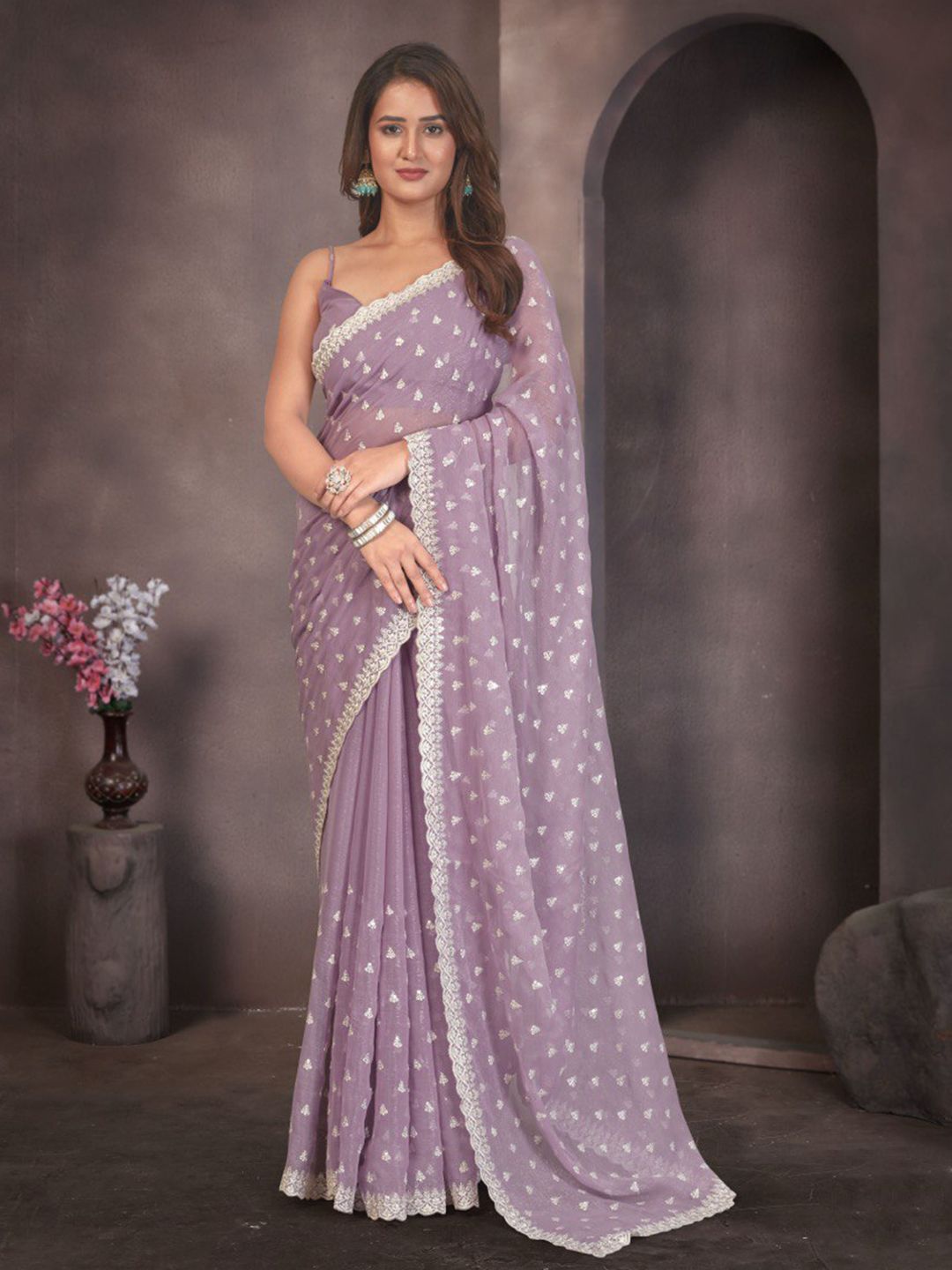 Branzios Striped Embroidered Silk Blend Saree