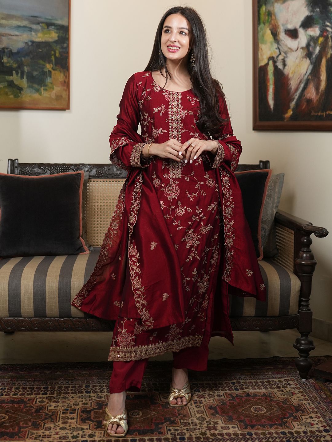 Libas Women Ethnic Motifs Embroidered Regular Sequinned Kurta with Trousers & Dupatta