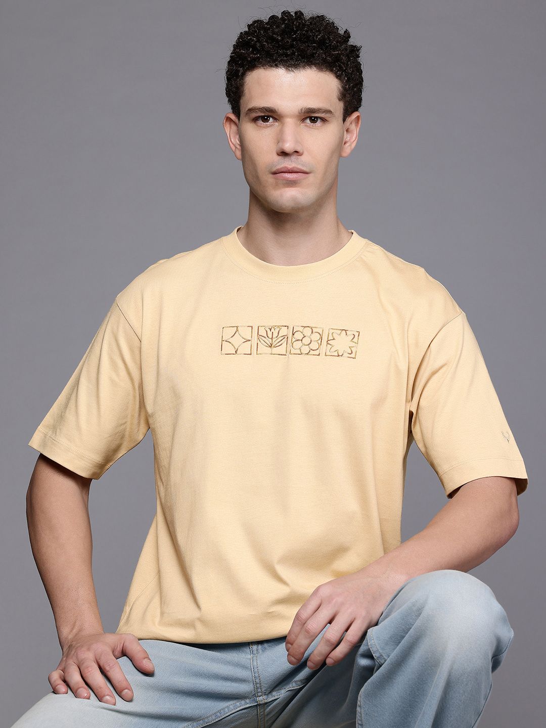 Allen Solly Conversational Embroidered Pure Cotton Drop-Shoulder Sleeves Oversized T-shirt