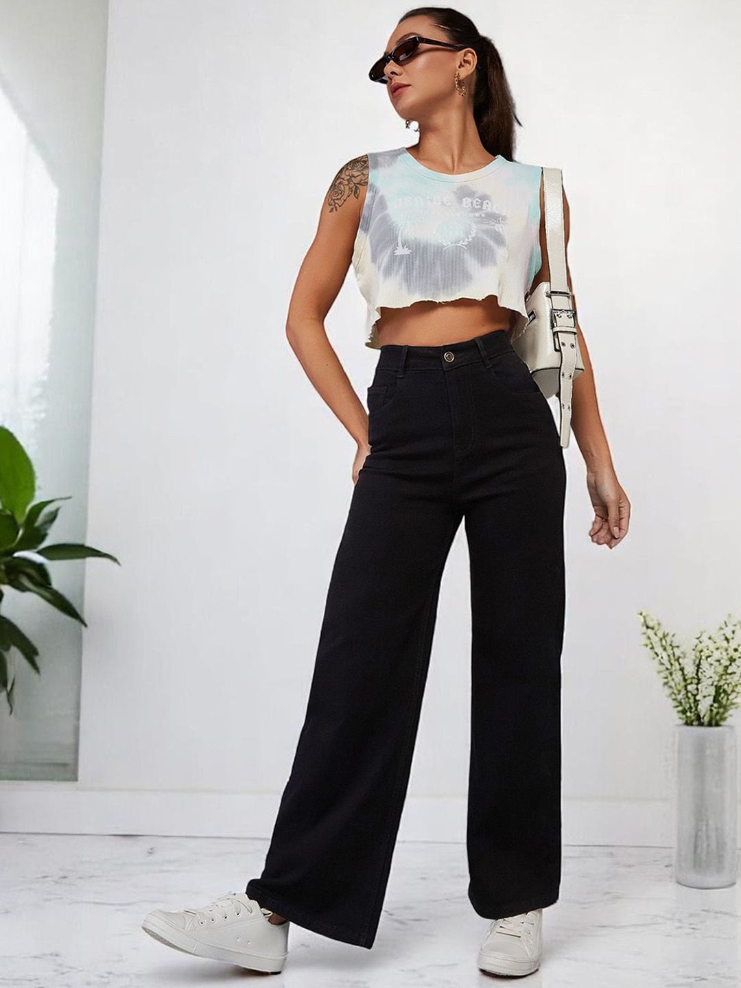 Women Wide Leg High-Rise Cotton Stretchable Jeans