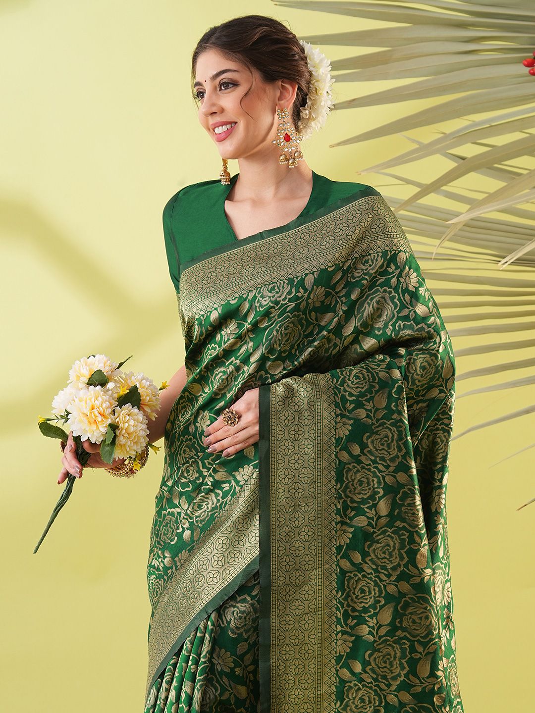 awesome  Green Silk Blend Woven Design Sarees