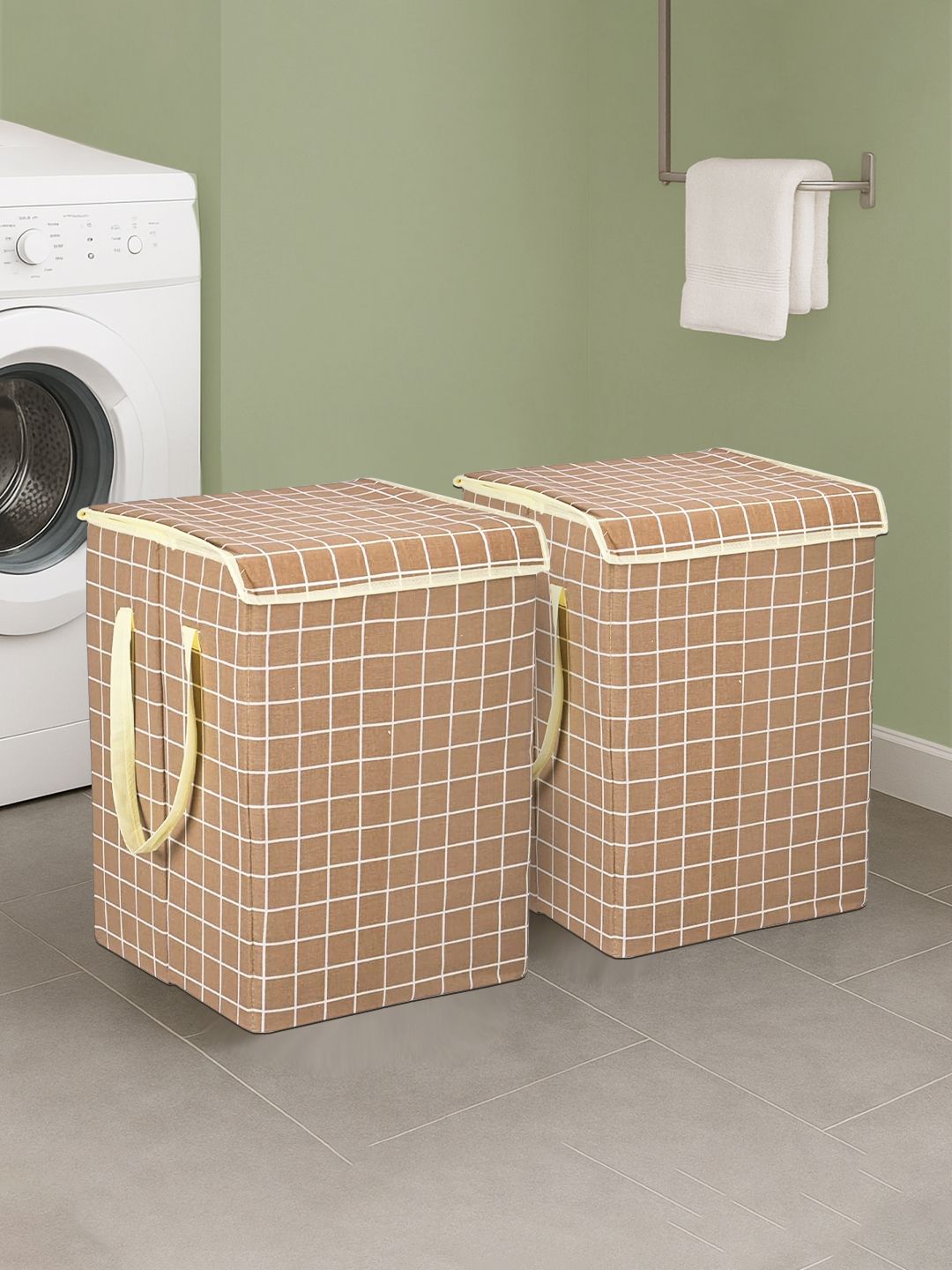 Kuber Industries 2-Pcs Brown Checked Foldable LaundryBag75L