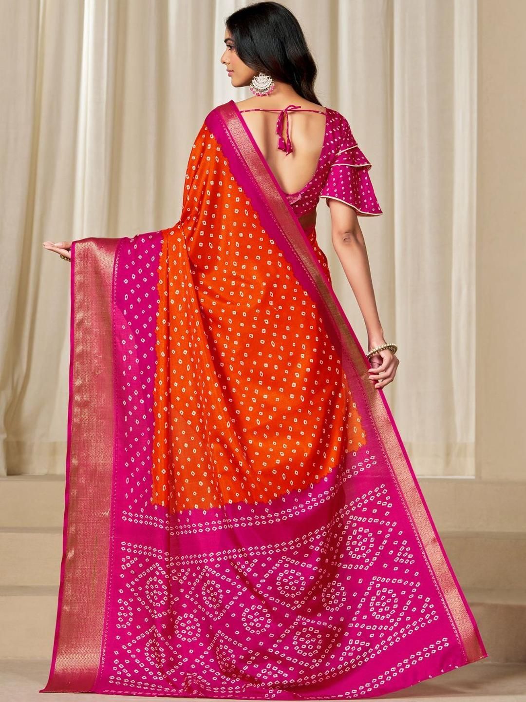 Women Dola Silk Bandhani Print Zari border Saree 7