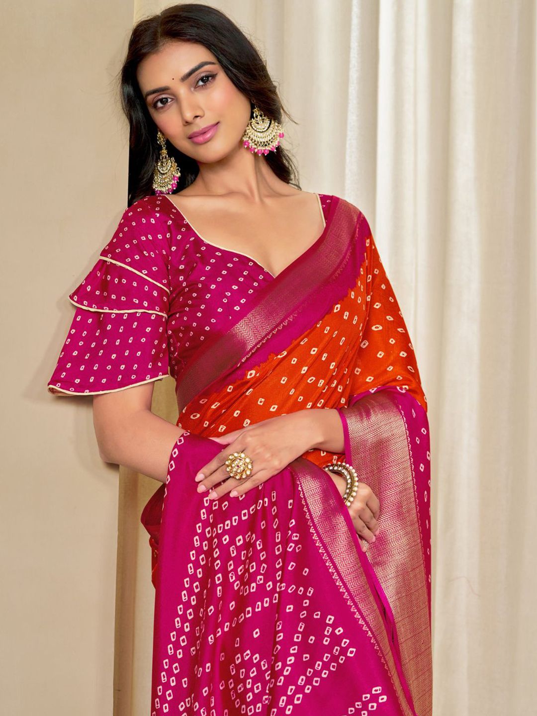Women Dola Silk Bandhani Print Zari border Saree