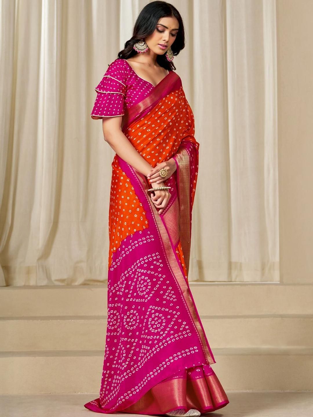 Women Dola Silk Bandhani Print Zari border Saree 6