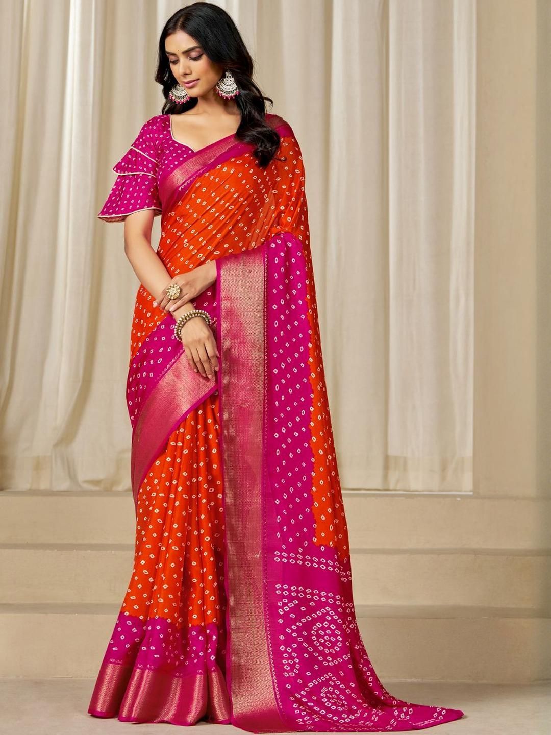 Women Dola Silk Bandhani Print Zari border Saree 5