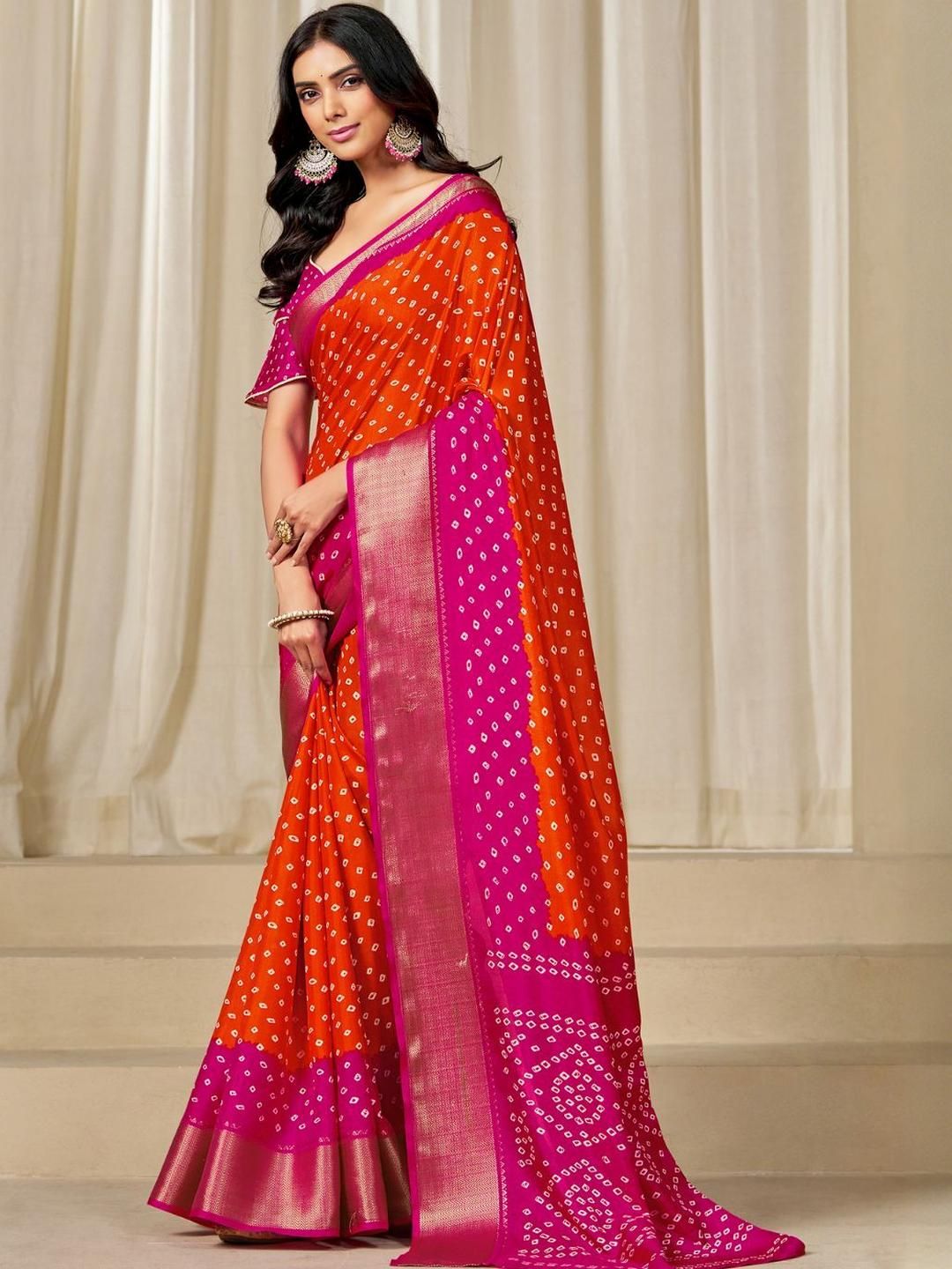 Women Dola Silk Bandhani Print Zari border Saree 3