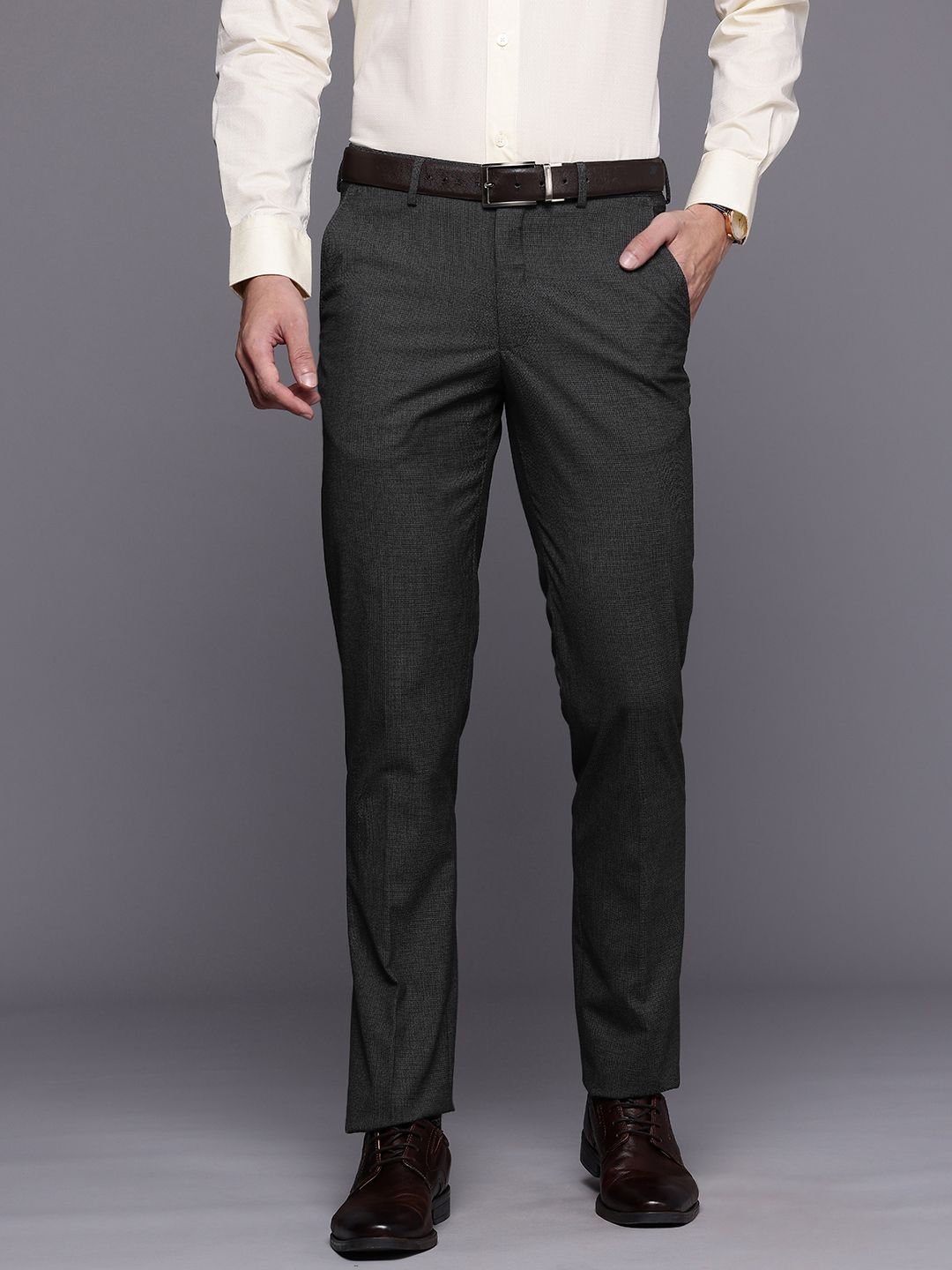 Louis Philippe Men Slim Fit Textured Checked Formal Trousers