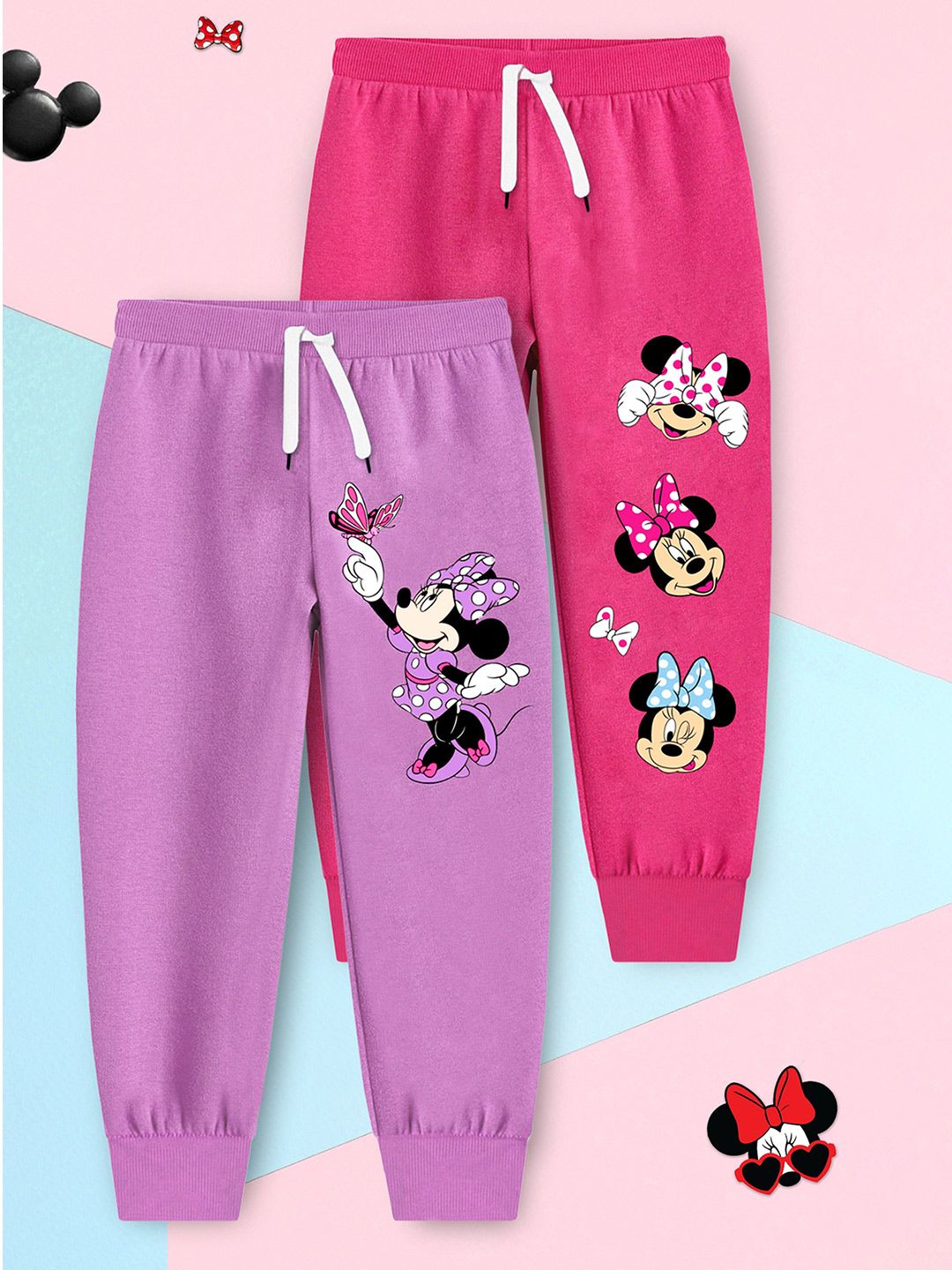 YK Disney Girls Pack Of 2 Minnie Mouse Printed Mid-Rise Cotton Joggers