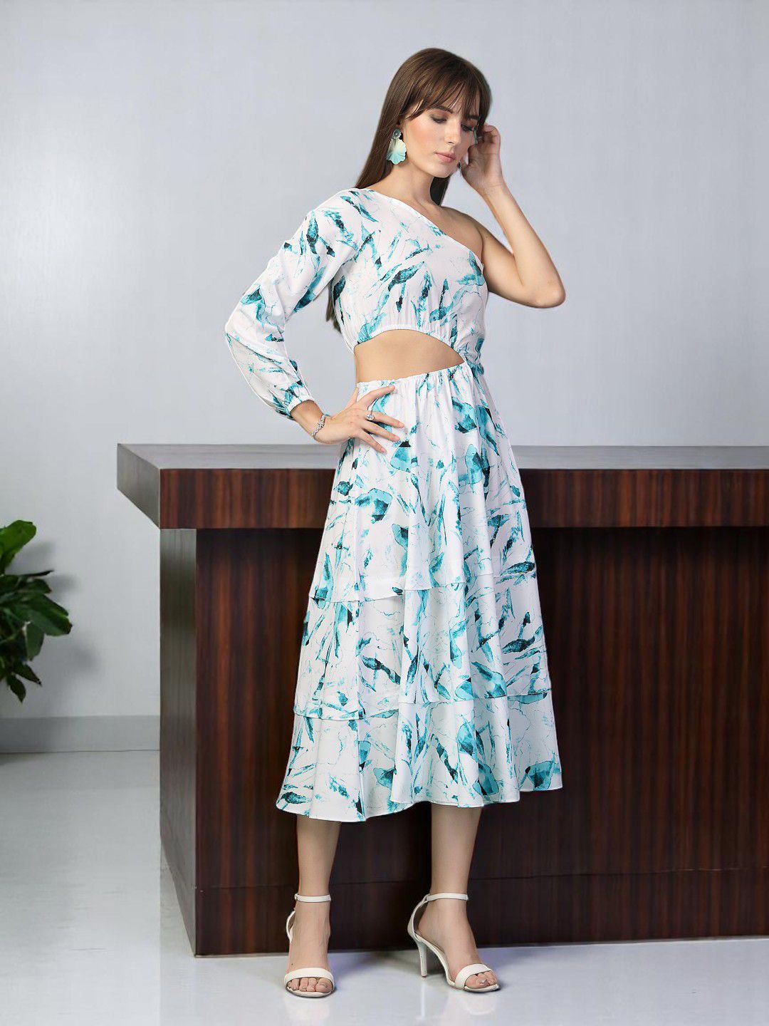 OOMPH! FACTOR Print One Shoulder Fit And Flare Midi Dress