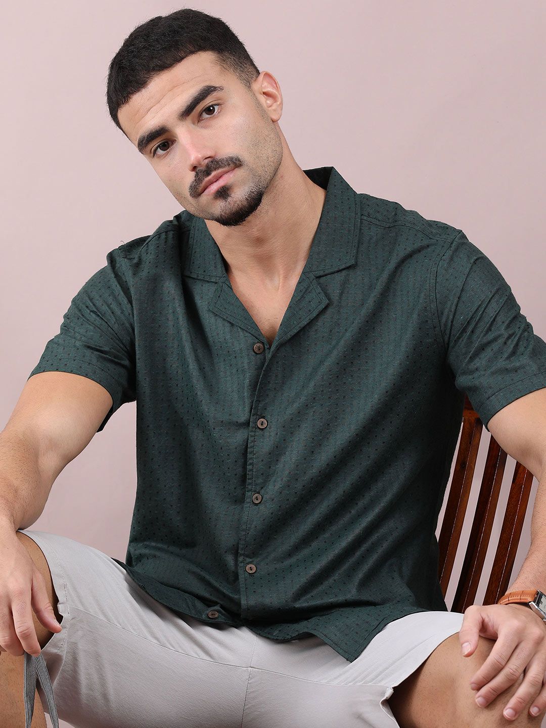 FILORI STUDIO Self Design Polka Dots Cuban Collar Short Sleeves Casual Shirt