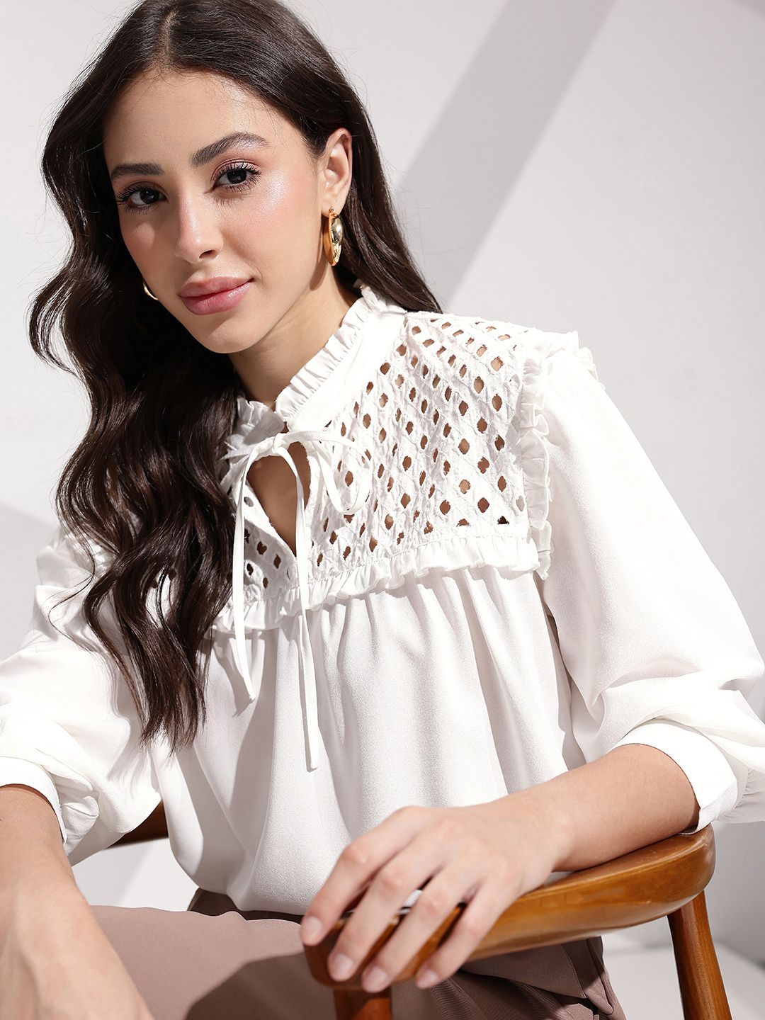 her by invictus Tie-Up Neck Puff Sleeve Ruffles Pure Cotton Top