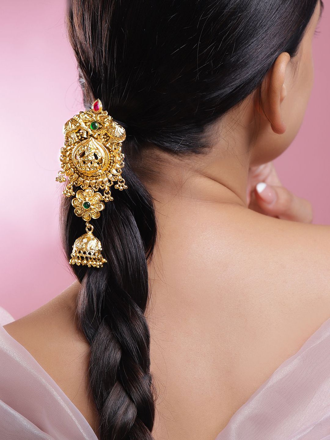 Rubans 22K Gold-Plated Ruby & Emerald Divine Temple Braid Hair Accessory with Jhumka Drop