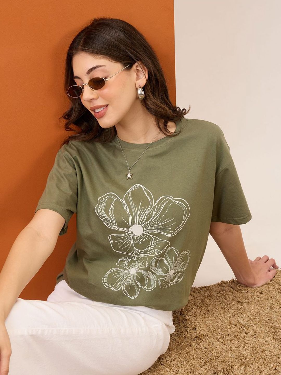 Mast & Harbour Floral Printed Round Neck Short Sleeves Regular Fit Cotton T-Shirt