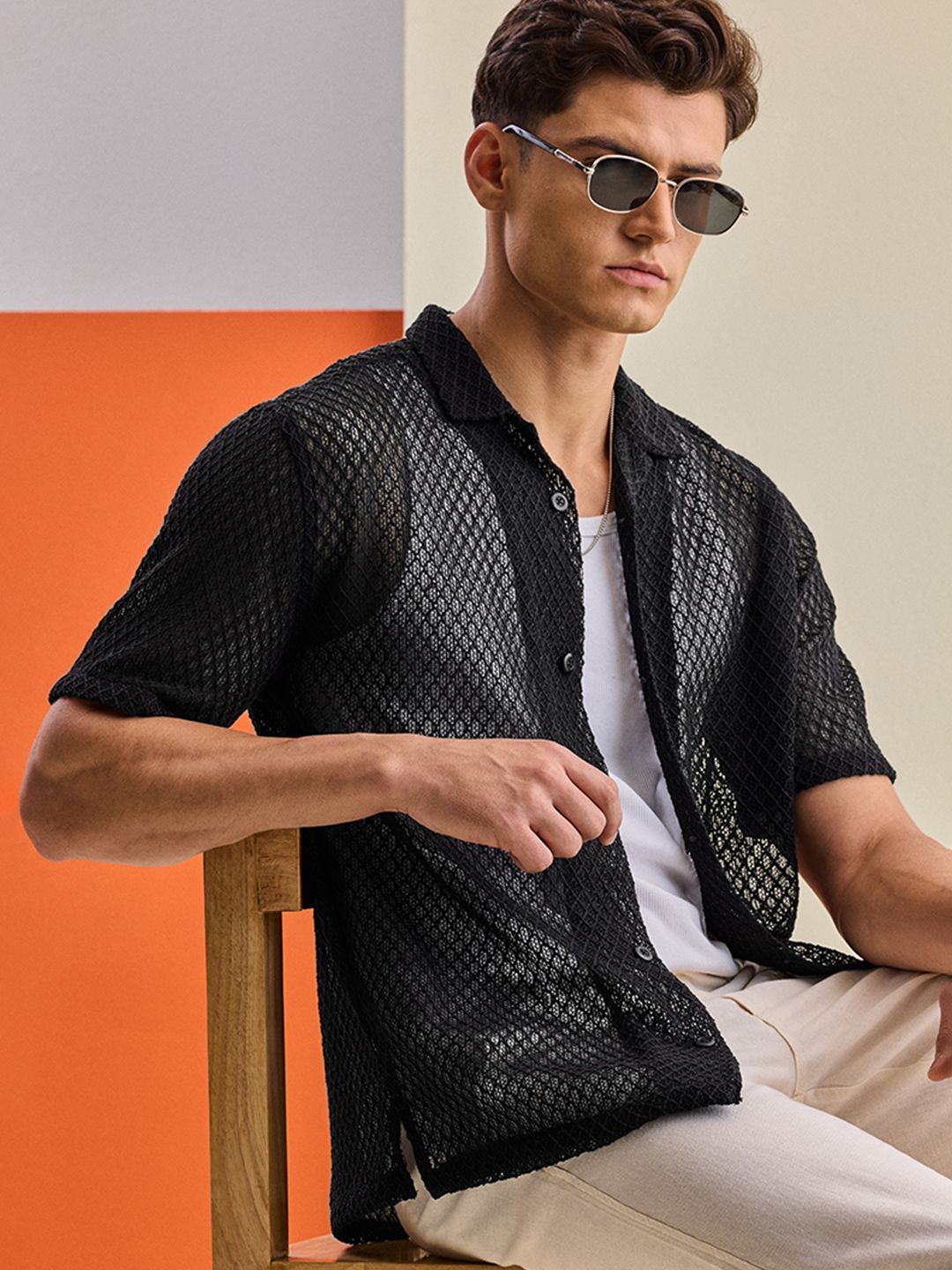 Snitch Men Relaxed Fit Textured Cuban Collar Casual Shirt