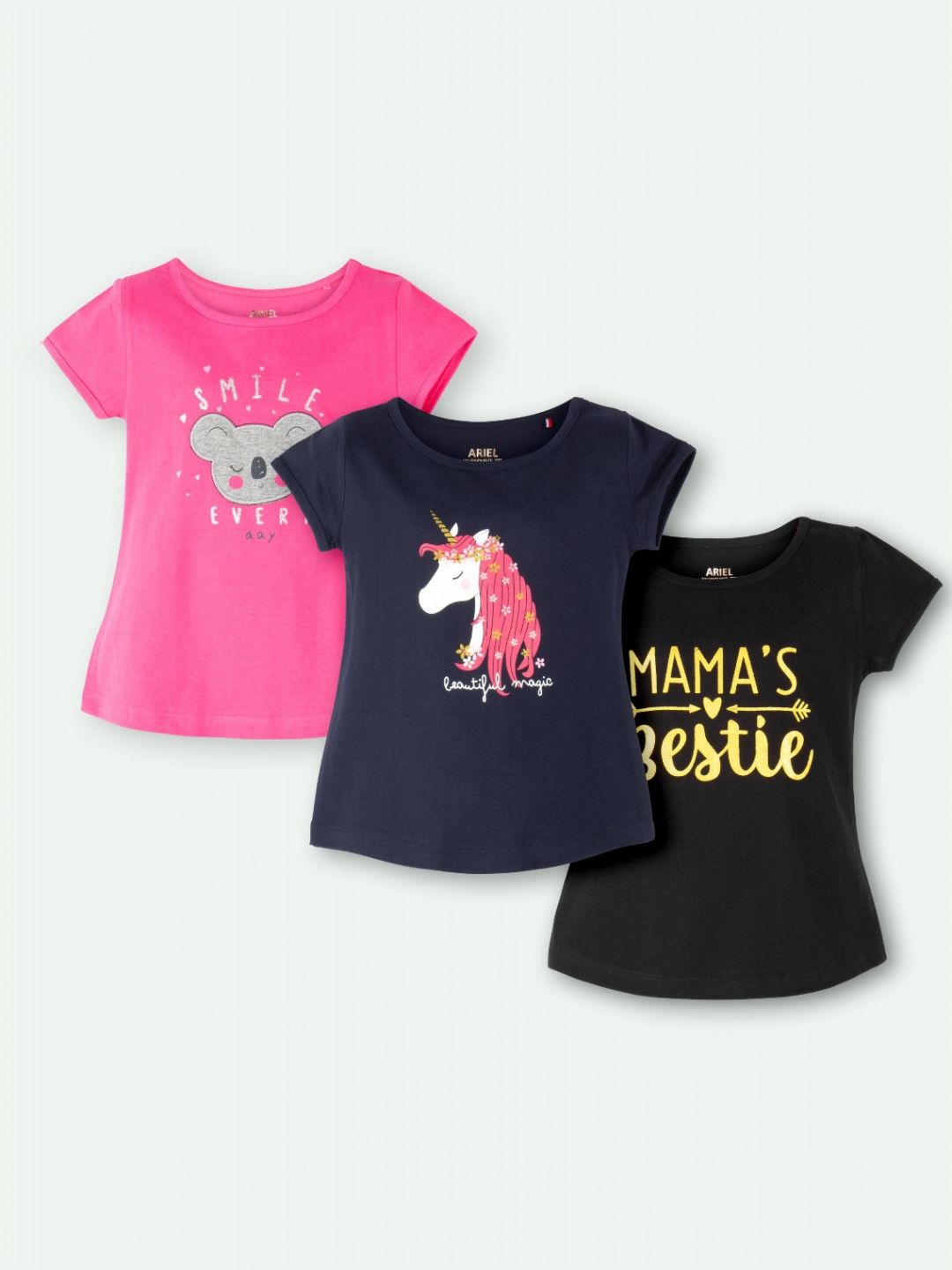 ariel Girls Pack Of 3 Graphic Printed Pure Cotton T-shirts