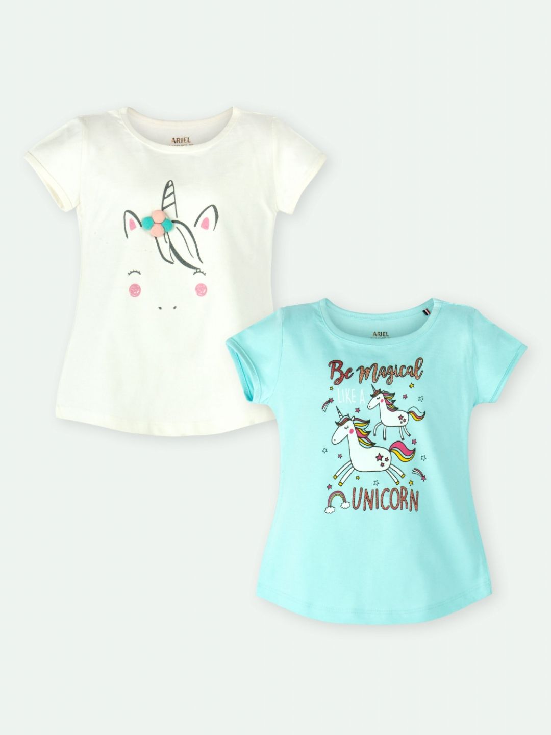 ariel Girls Pack Of 2 Graphic Printed Round Neck Short Sleeves Pure Cotton T-shirts
