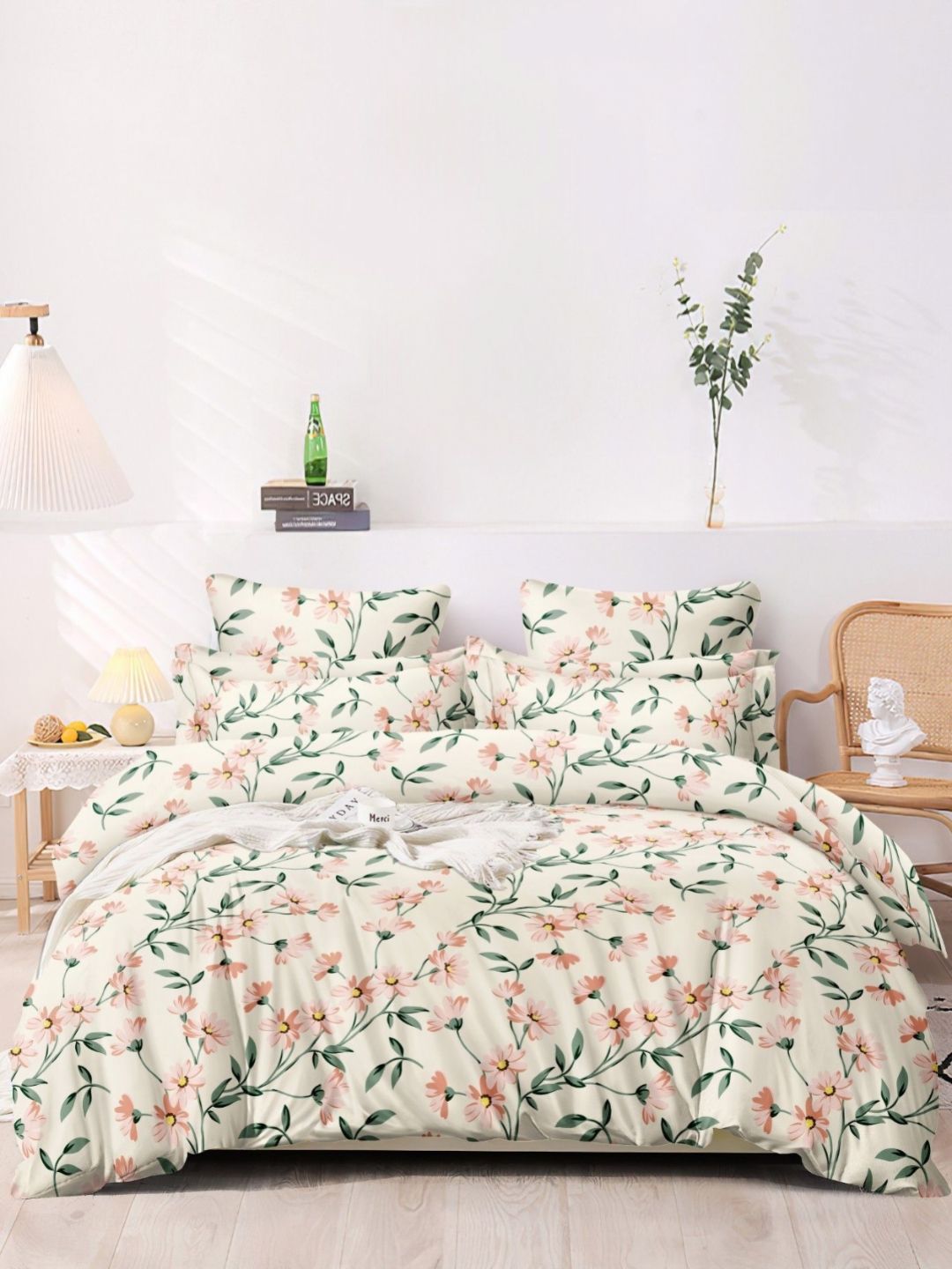 Buy Myntra Elegant Homes White & Green Floral 350 TC King Fitted Bedsheet With 2 Pillow Covers -  - Home for Unisex