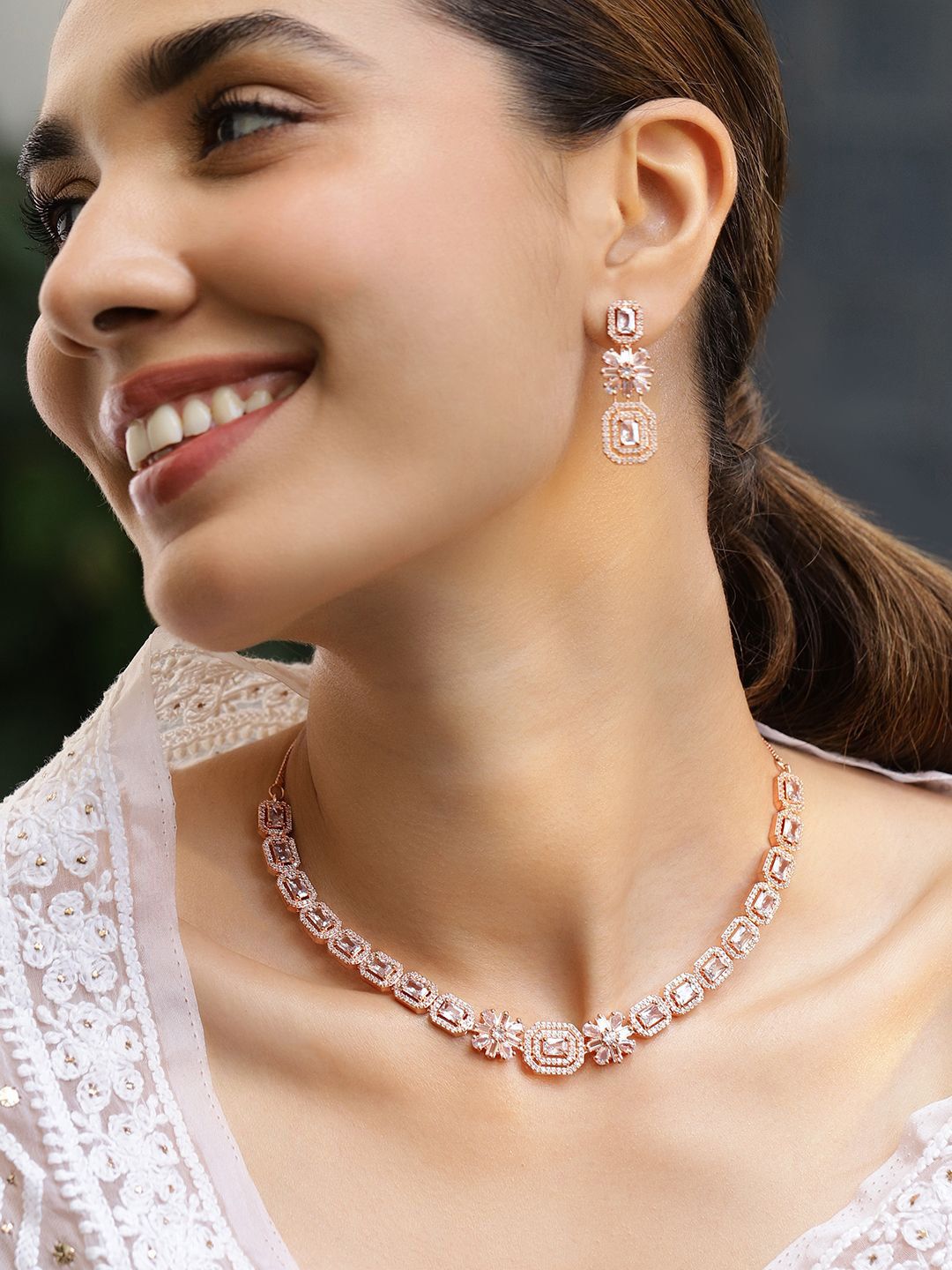 Buy Rubans 22K Rose Gold Plated White Cubic Zirconia Studded Floral & Geometric Necklace Set -  - Accessories for Women