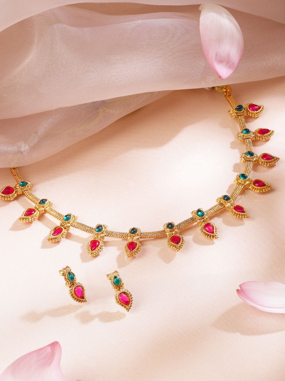 Rubans 22K Gold-Plated Ruby Pink & Emerald Green Stone Necklace Set with Drop Danglers