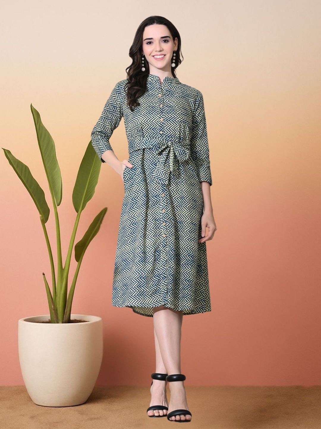 Buy Sangria Women Chevron Printed Mandarin Collar A-Line Midi Dress -  Dresses for Women 34993032 | Myntra