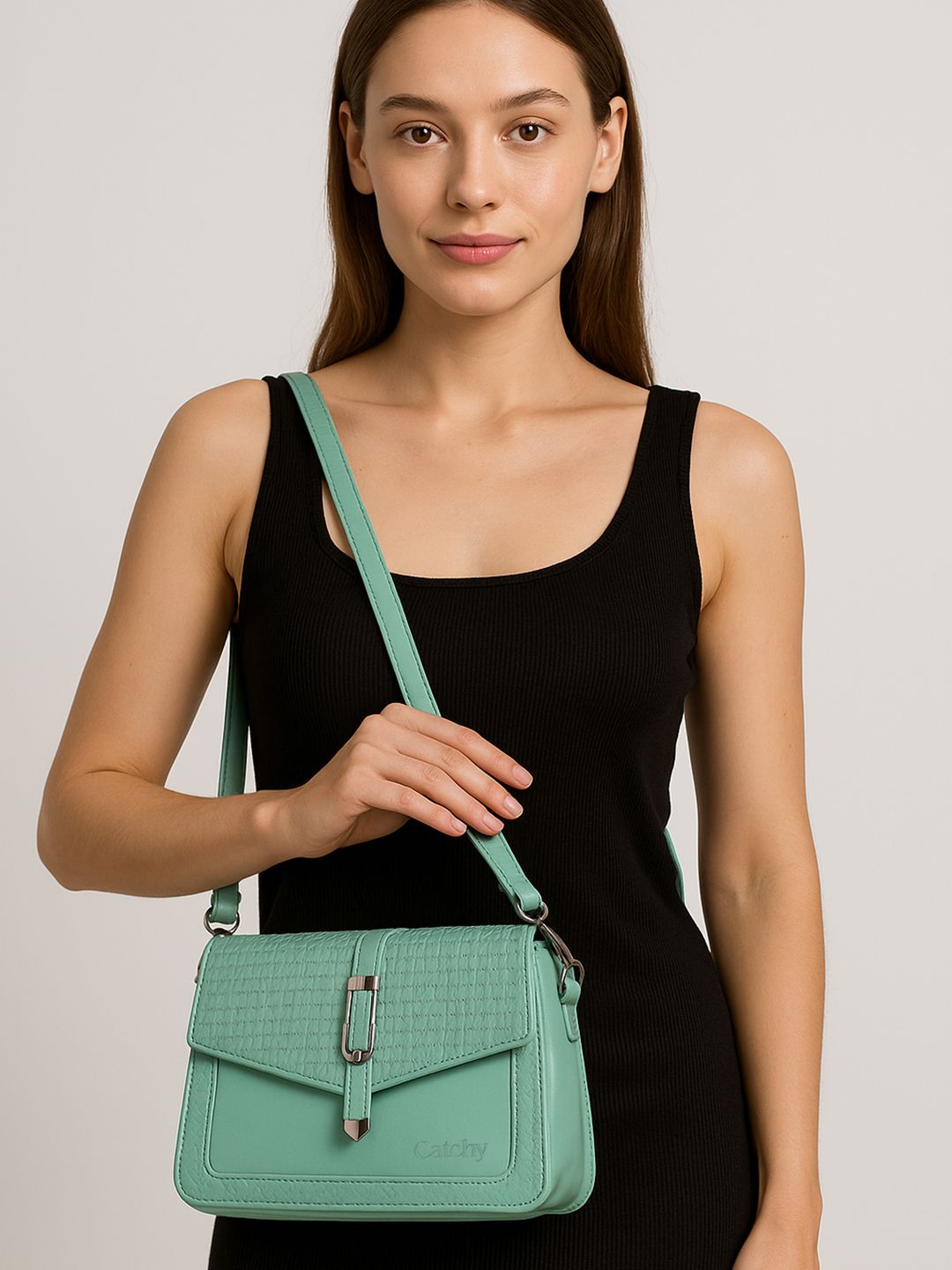 CATCHY Women Textured Structured Buckle Detail Satchel Bag