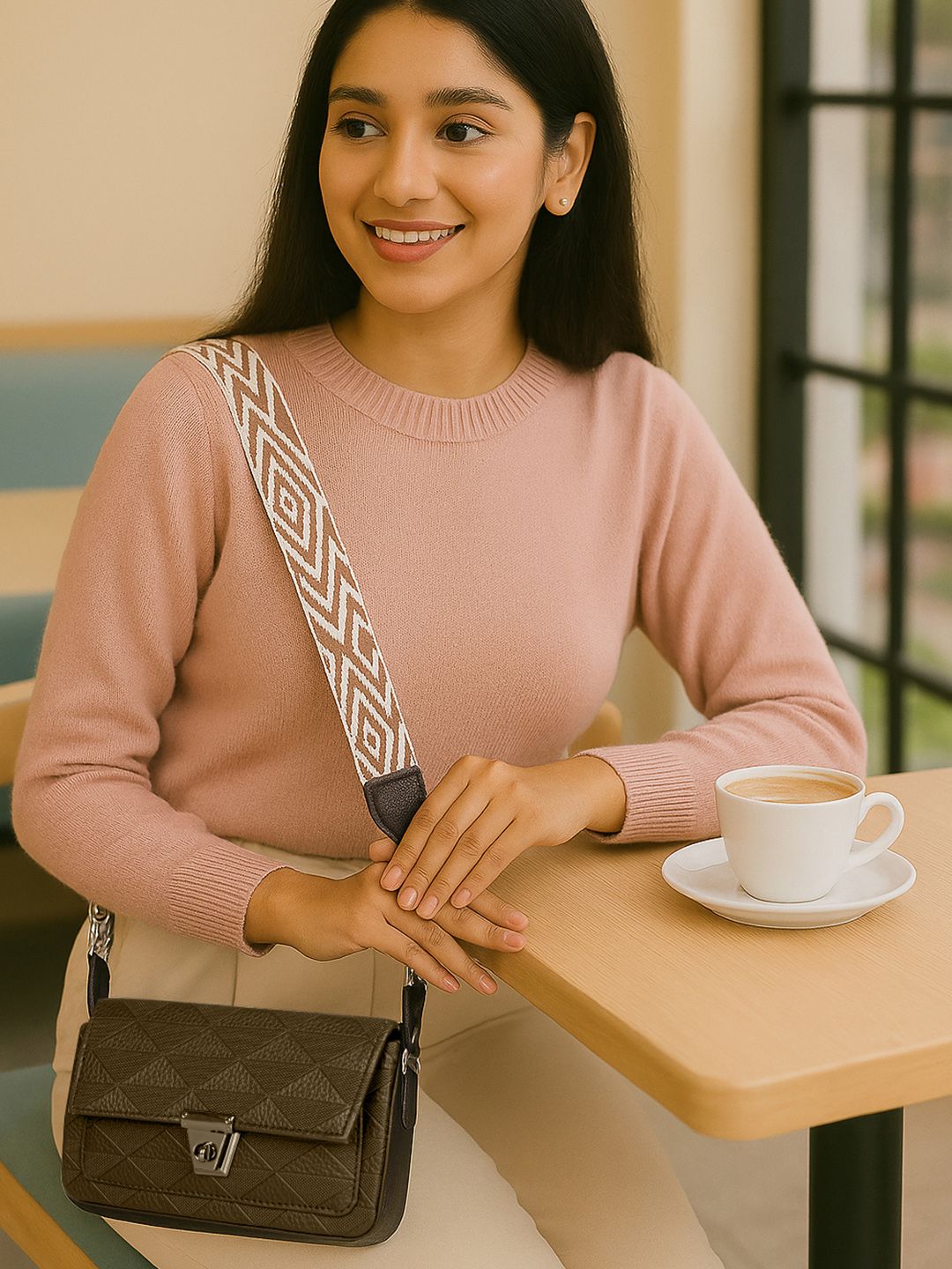 CATCHY Geometric Textured Structured Sling Bag With Buckle Detail