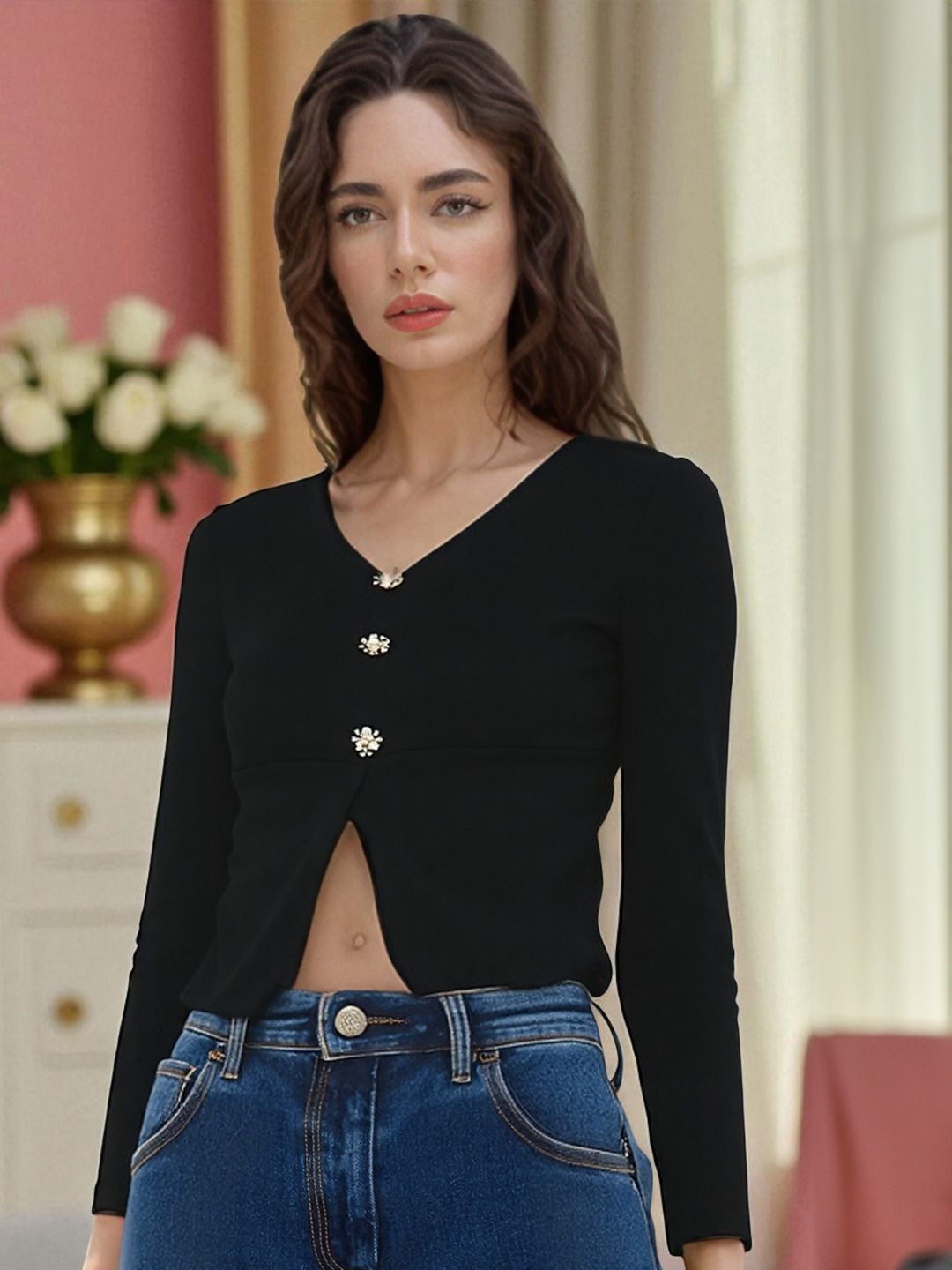 ZEUGEN Women V- Neck Studded Long Sleeves Top