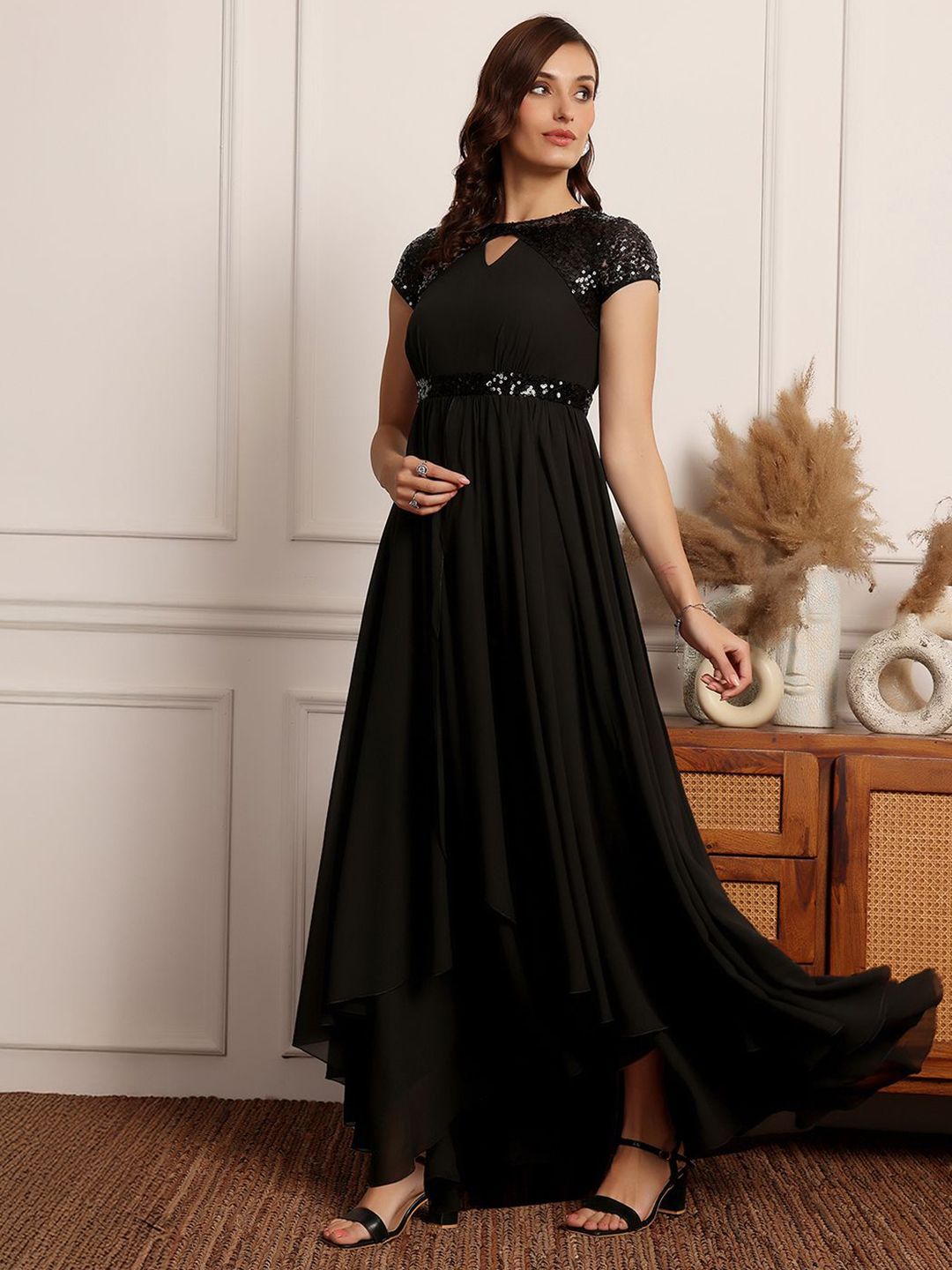 Miss Chase Get It Off My Desk Women Embellished Keyhole Neck Fit & Flare Maxi Dress