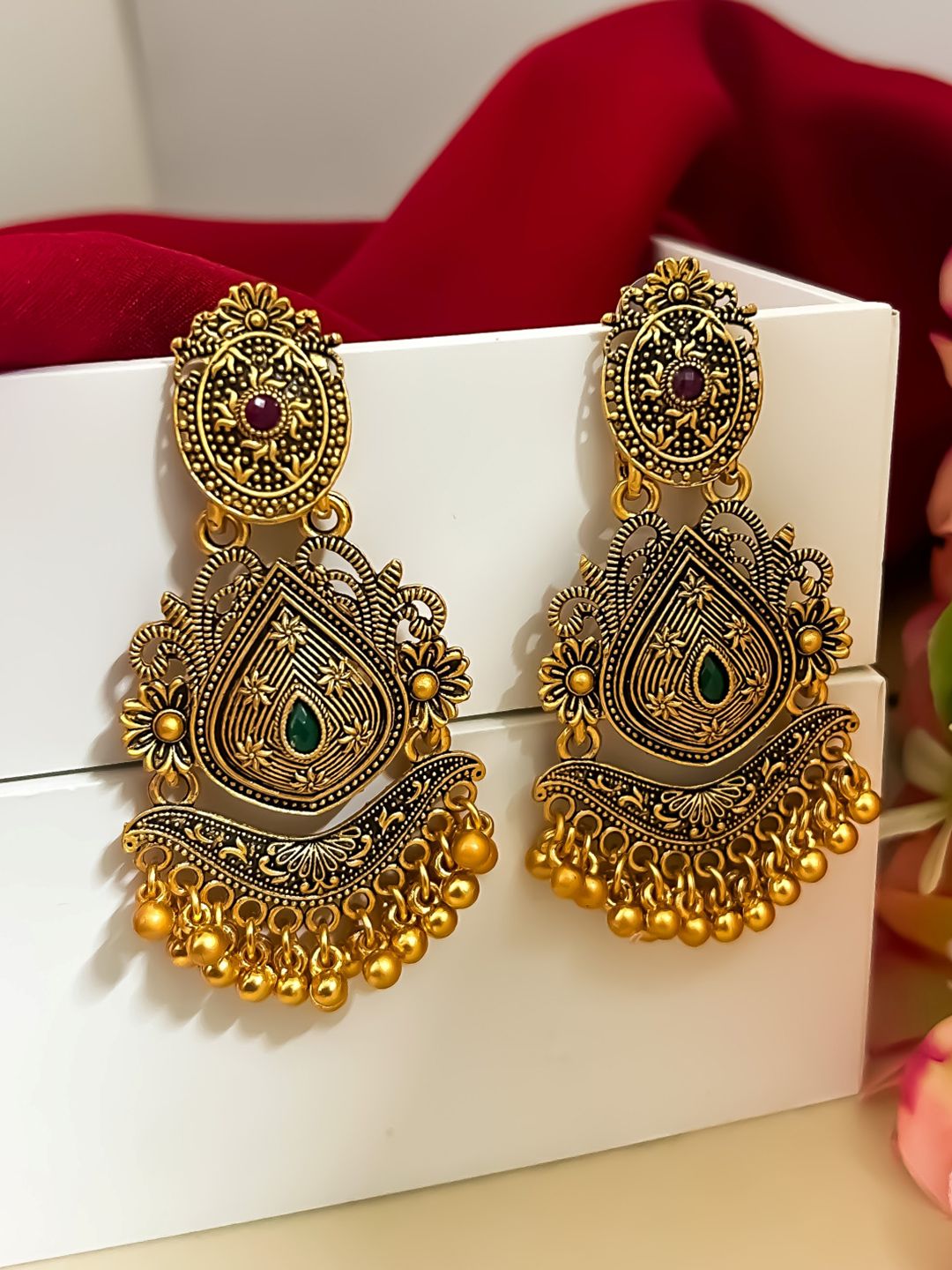 Zeviel Gold-Plated Artificial Stones Studded Teardrop Shaped Antique Drop Earrings