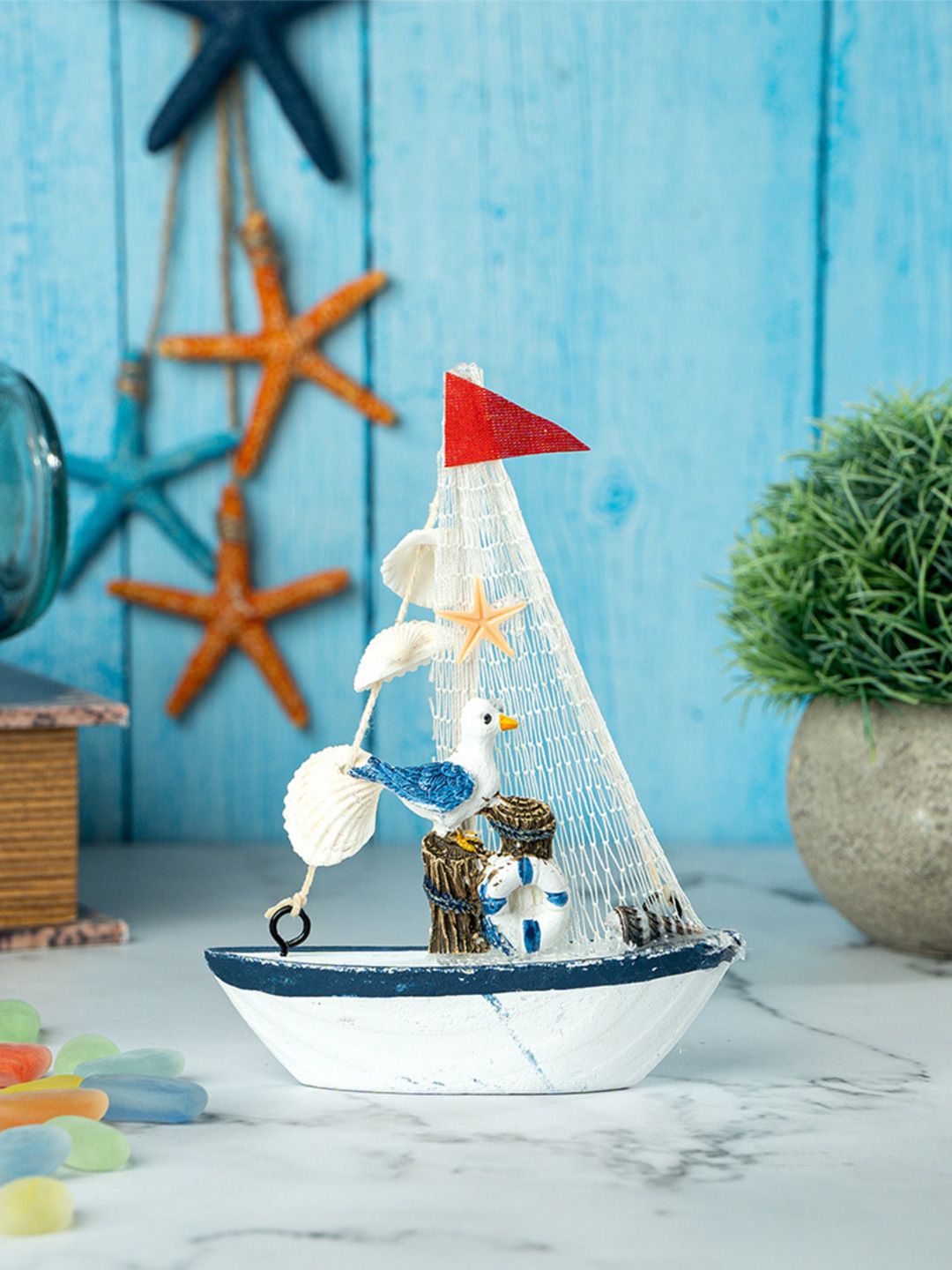eazy wagon Blue & White Wooden Sailboat Showpiece