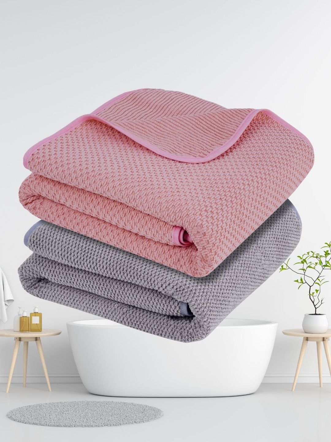 Buy Fezora Pink & Grey 2 Pieces Microfiber 320 GSM Bath Towels -  - Home for Unisex