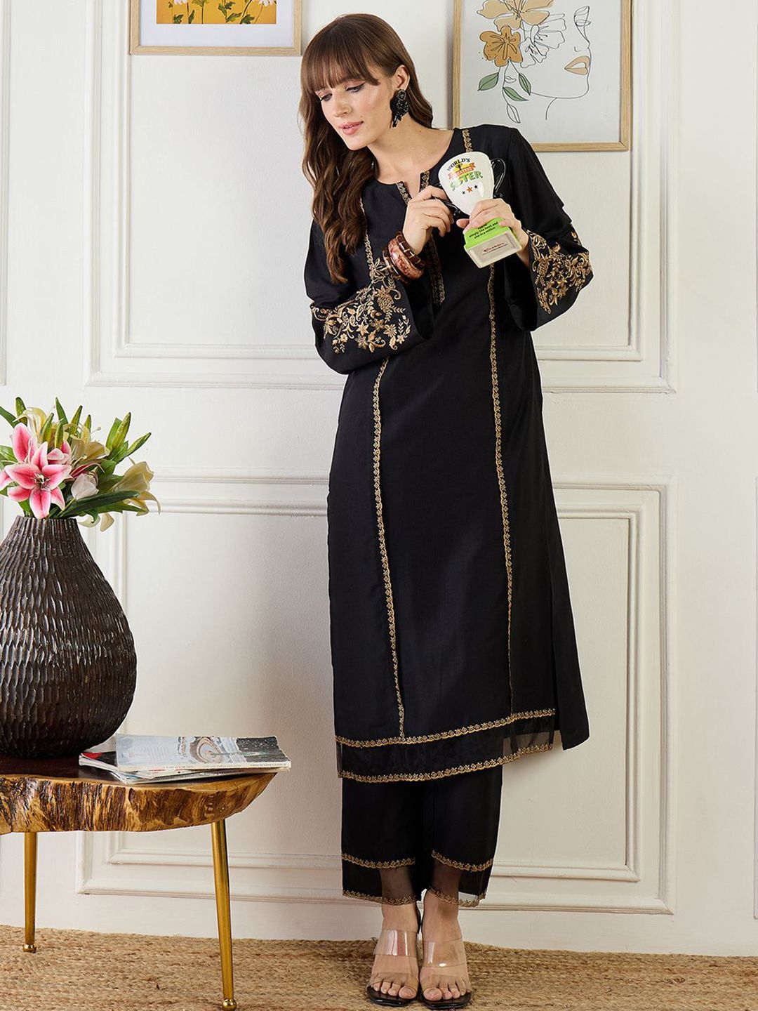 Embroidered Round Neck Top With Trousers Co-Ords 5