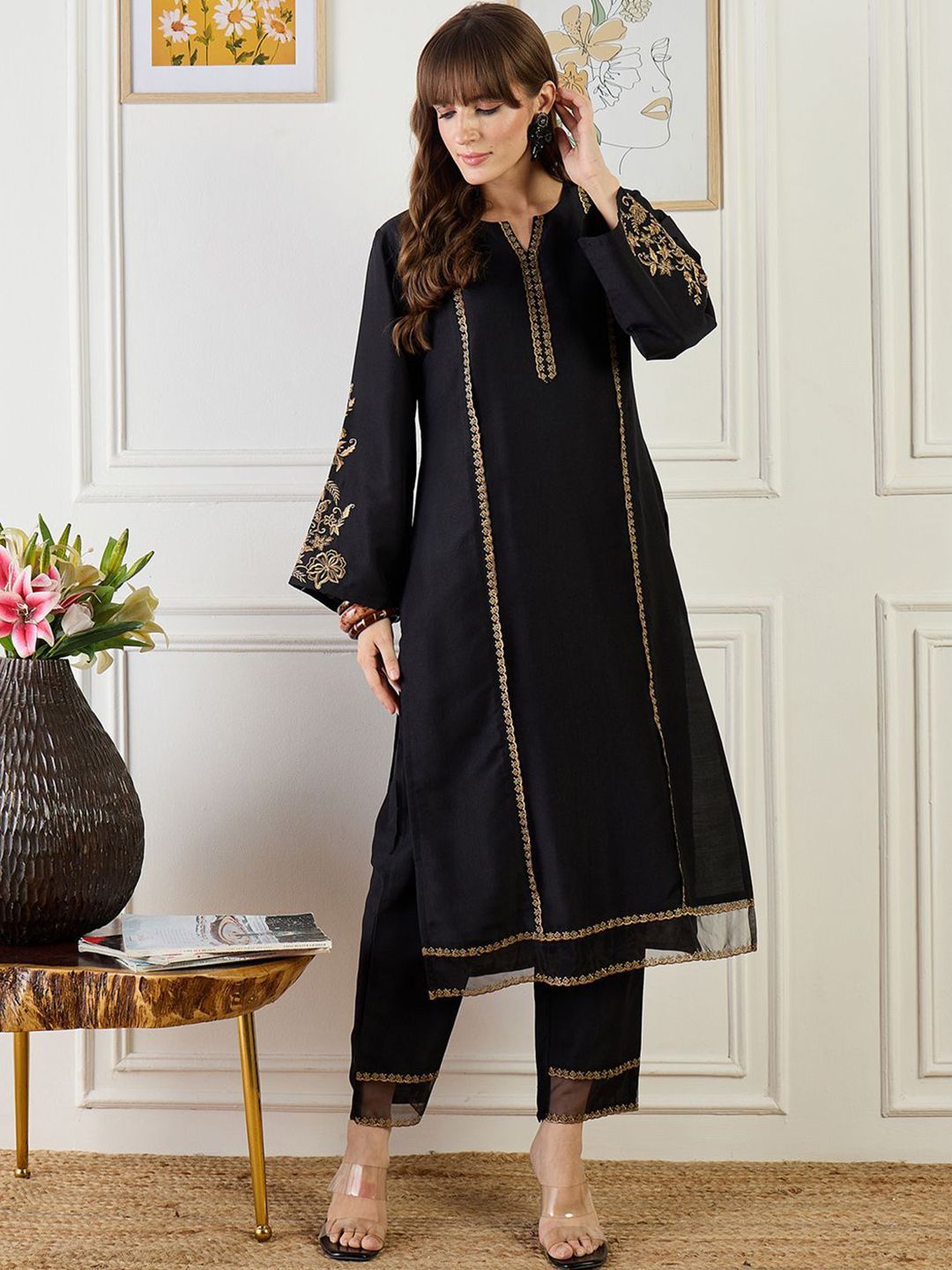 Embroidered Round Neck Top With Trousers Co-Ords 2