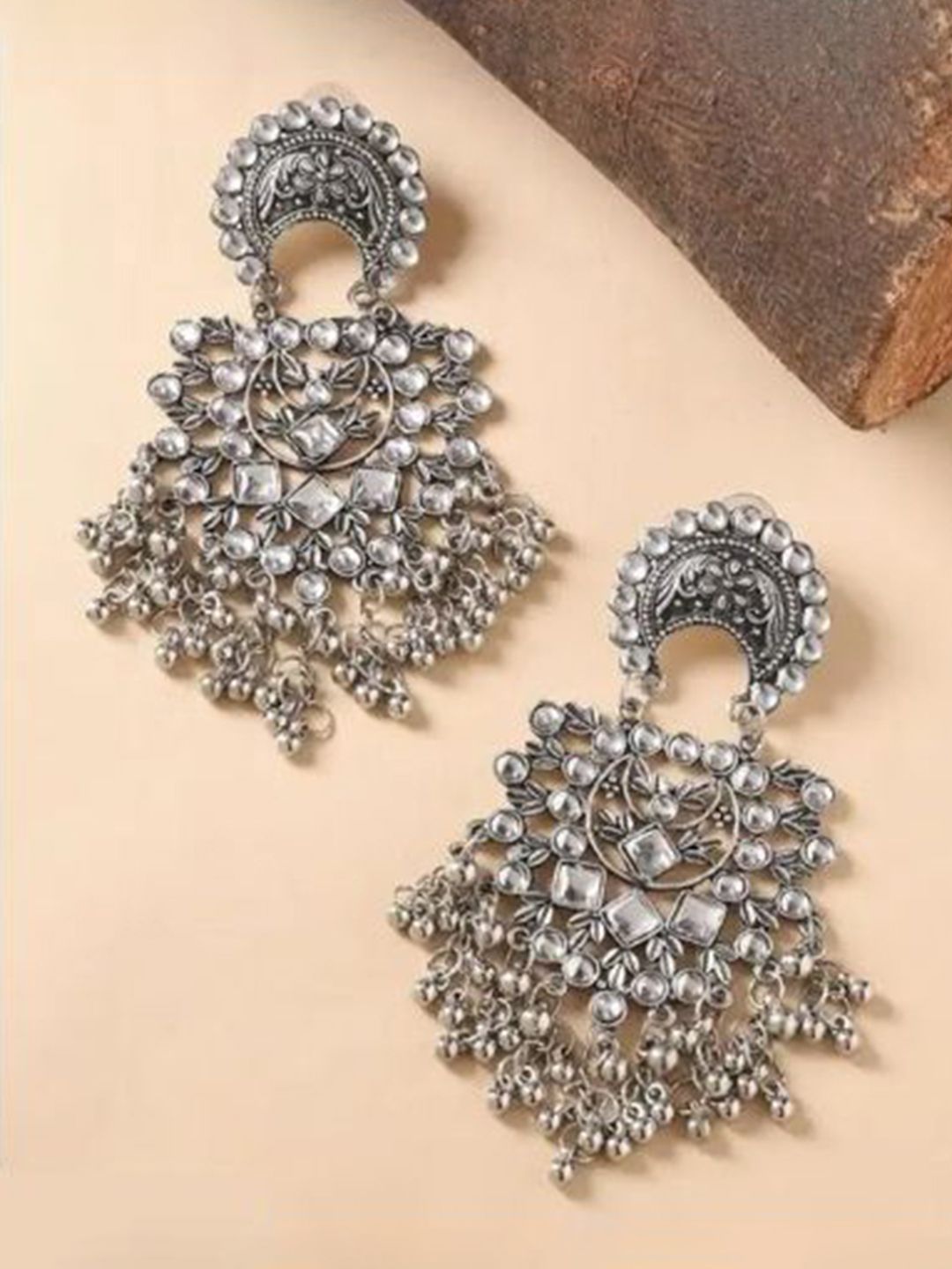 Samridhi DC Artificial Stones Studded & Beaded Oxidised Crescent Shaped Chandbalis