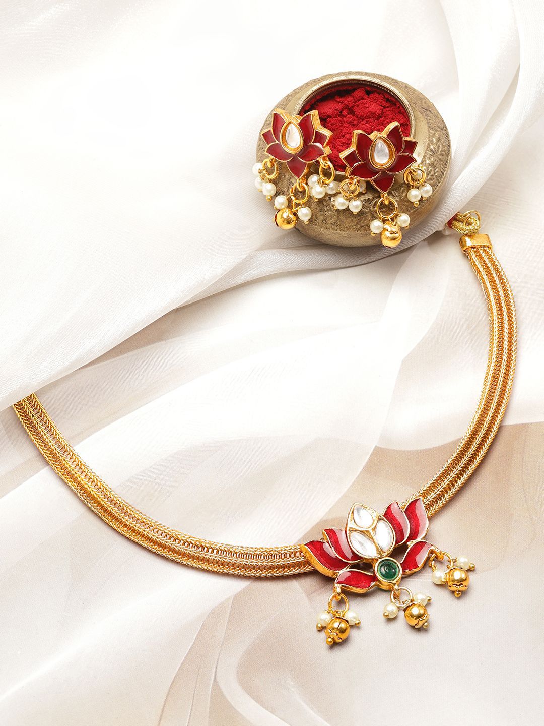 Rubans 18K Gold-Plated Ruby Red Enamel Lotus Motif Pearl Beaded Choker Necklace Set