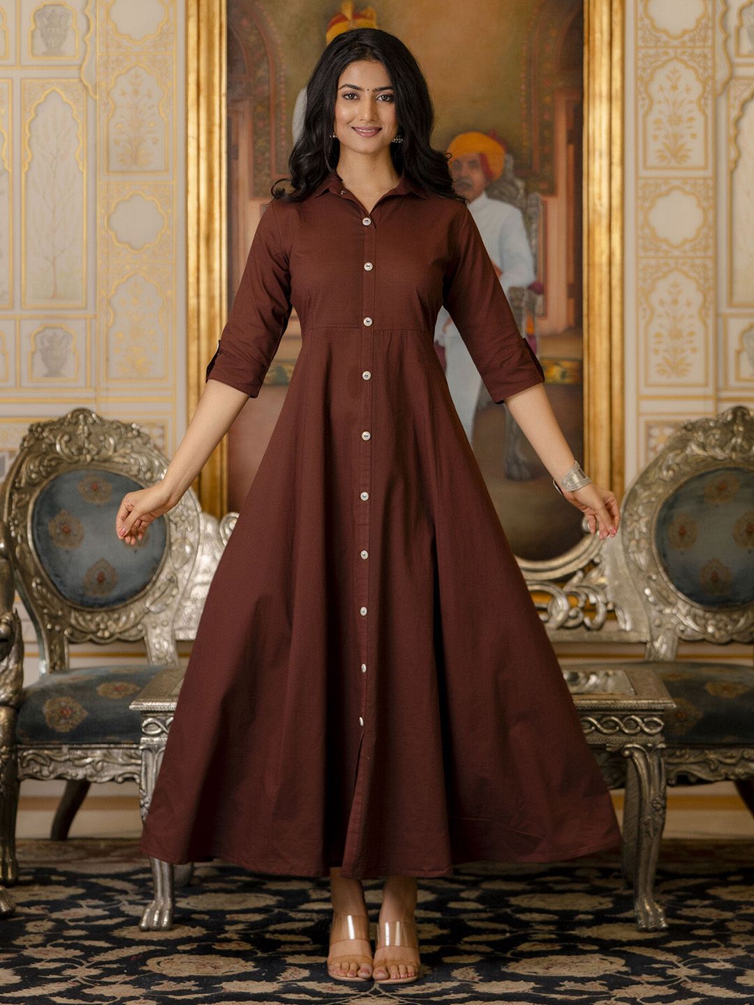 brown color dress Buy Women's Solid Chocolate Maxi with Shirt Collar & 3/4 sleeves - Nayo Clothing | Trendia. M Charlotte dress features a gold sequin outlining floral appliqu on the bodice Womens Next Chocolate Brown Jersey