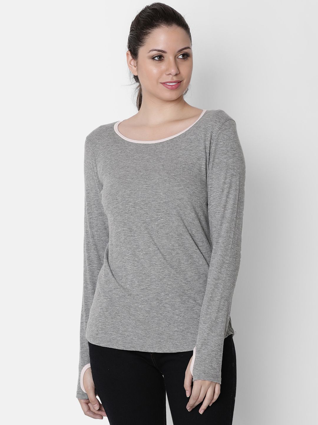 Rute Women Grey Solid Boat Neck Pure Cotton T-shirt