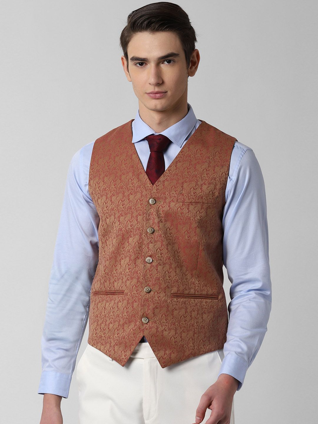 Peter England Men Maroon Woven Design Waistcoat