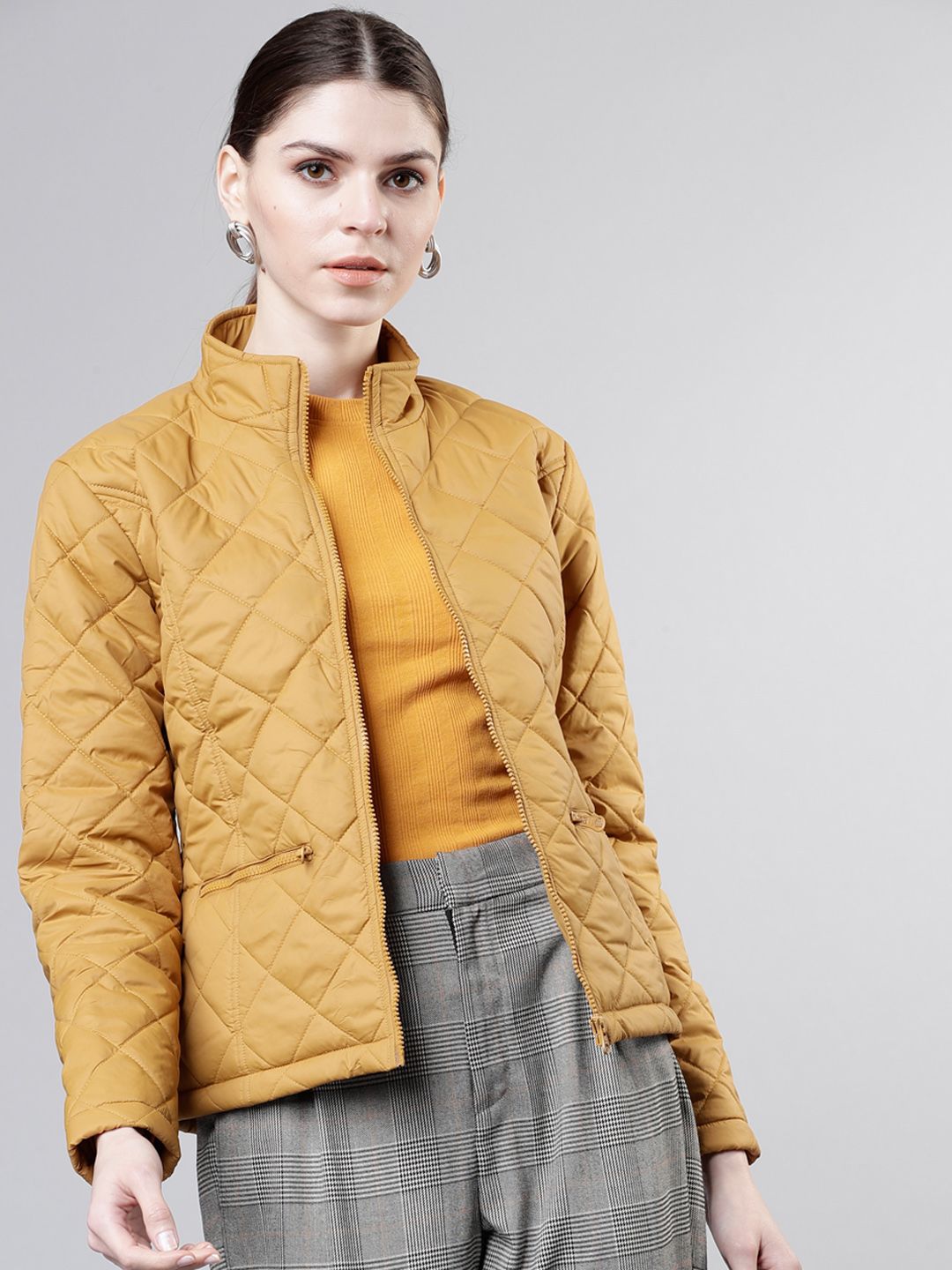 Tokyo Talkies Women Mustard Yellow Solid Padded Jacket