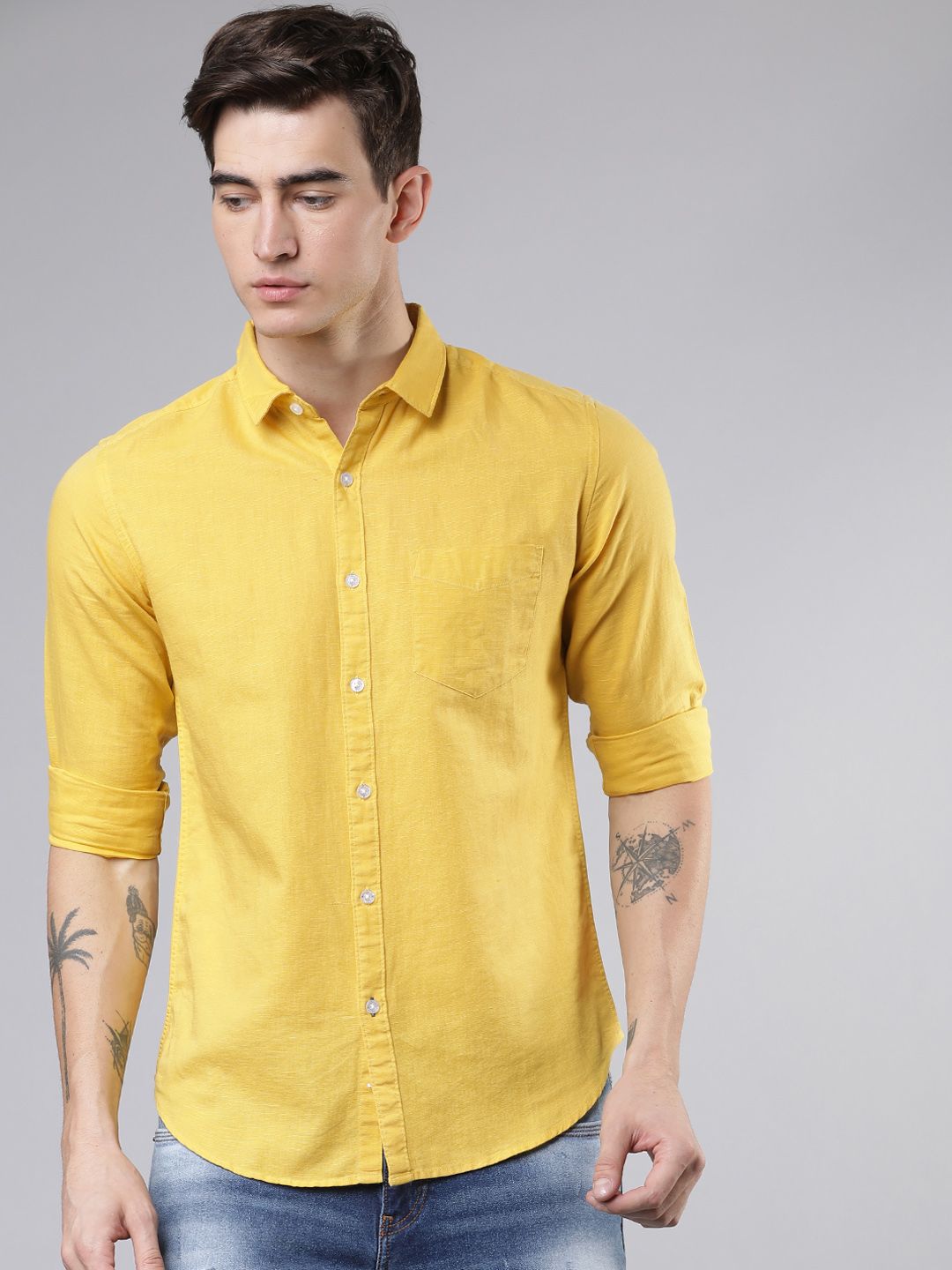 HIGHLANDER Men Mustard Yellow Slim Fit Solid Casual Shirt