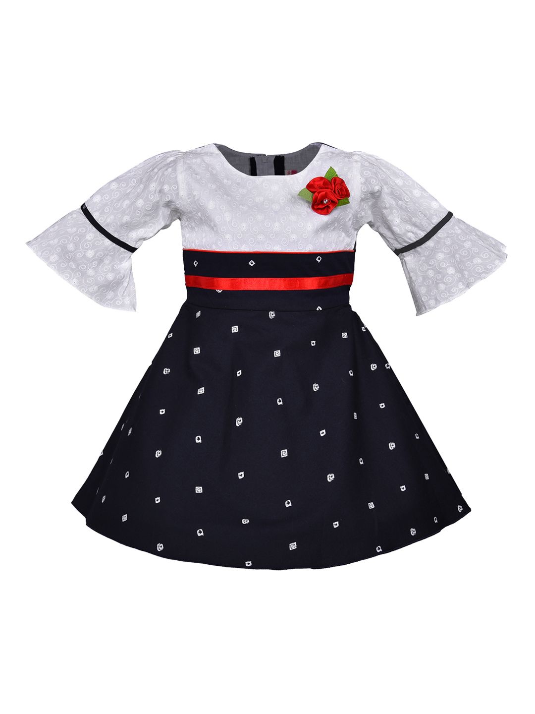 Wish Karo Girls Navy Blue & White Printed Fit and Flare Dress