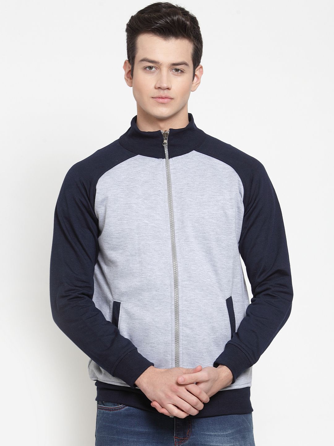 VOXATI Men Grey Melange & Navy Blue Colourblocked Sweatshirt