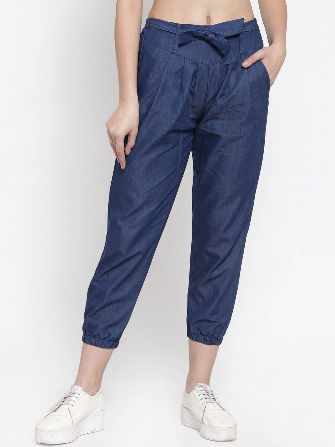 VOXATI Women Blue Tapered Fit Solid Peg Trousers