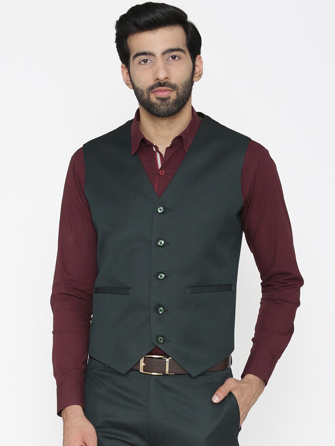 Wintage Men Green Solid Waistcoat