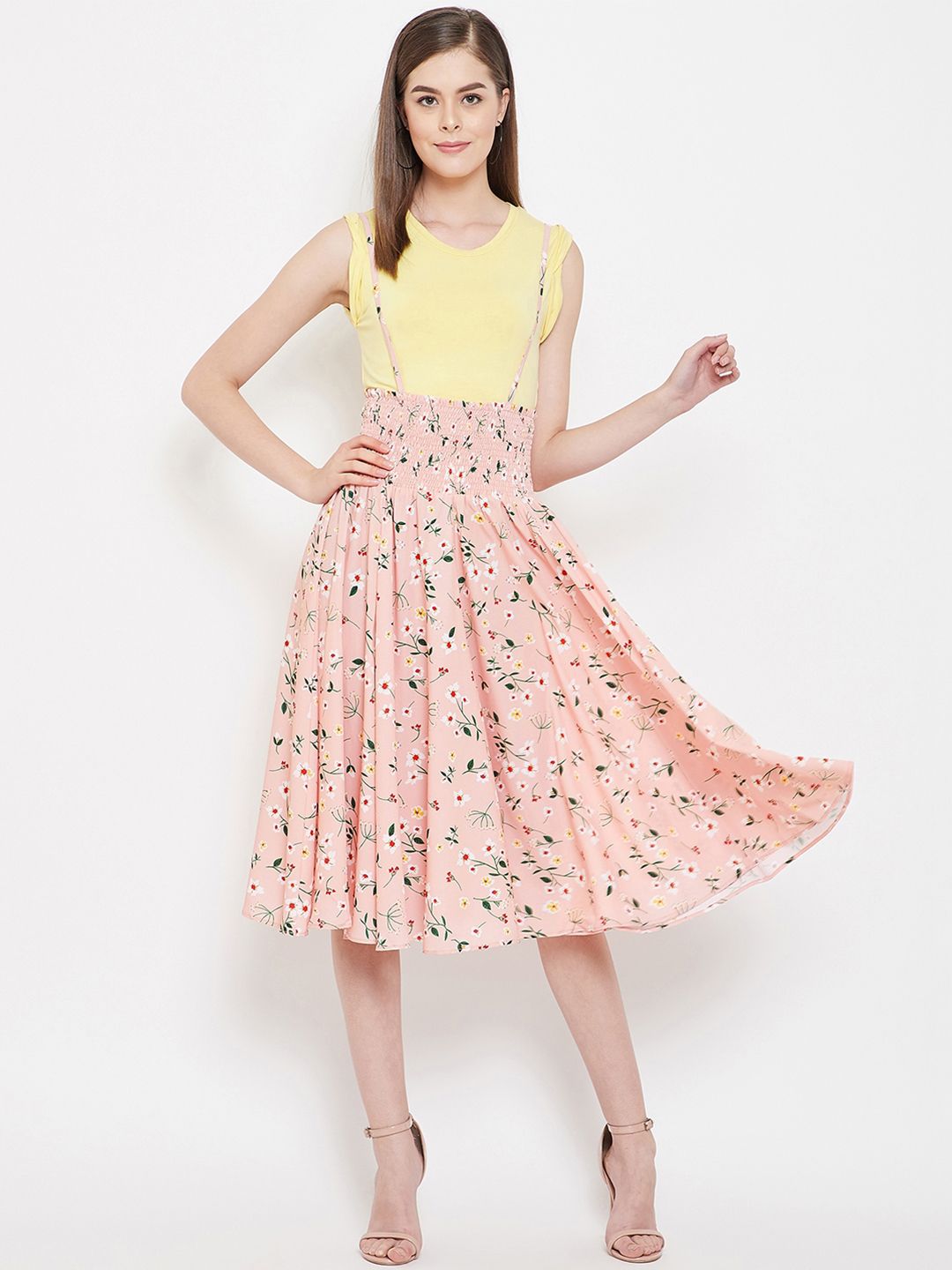 PANIT Peach-Coloured & Green Printed Flared Midi Skirt